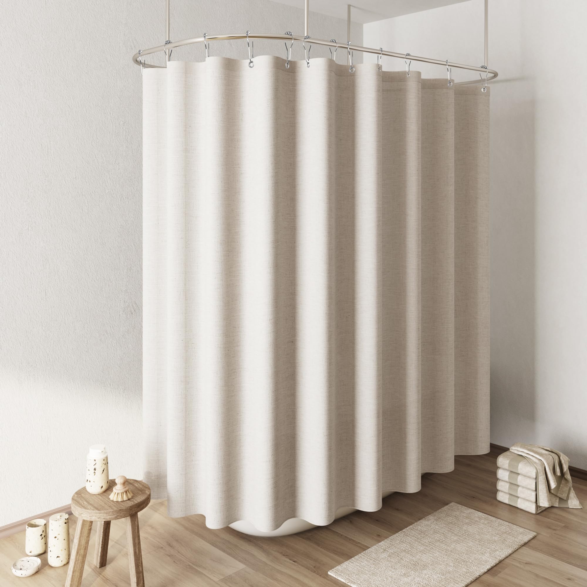 Naturoom Natural Linen Shower Curtain, Country Boho Farmhouse Bath Decor Beige Shower Curtains for Bathroom Neutral Cloth Weighted Textured Fabric Bath Curtain Liner with Hooks, Cream, 72 Inch