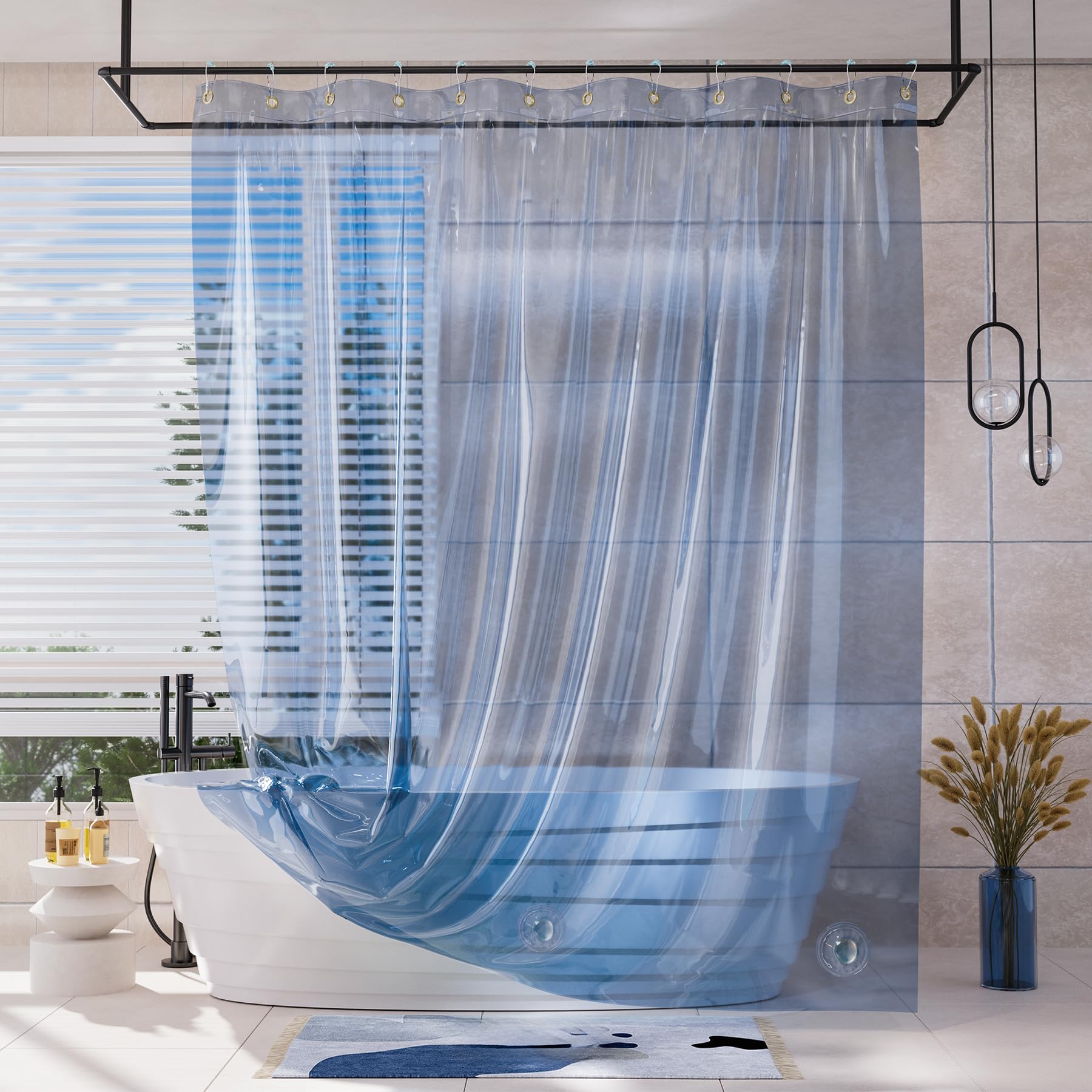 AmazerBath Shower Curtain Liner, 100% EVA Soft Clear Amber Heavy Duty Shower Curtain and Liner 2-in-1, 72x72 Luxury Plastic Weighted Bathroom Shower Liner, 12 Rustproof Grommets & 3 Heavyweight Stones