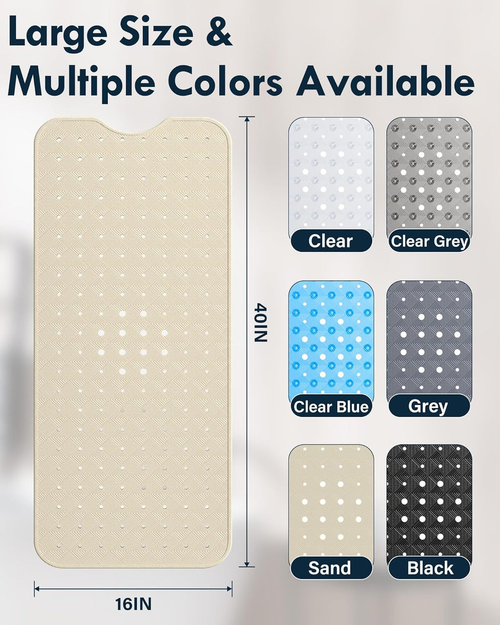 Bathtub Mat Non Slip with 2 Hooks, 40"x16" Extra Large Bath mat for Tub & Shower, Anti Slip, Machine Washable, Soft & Comfortable for Families, Sand