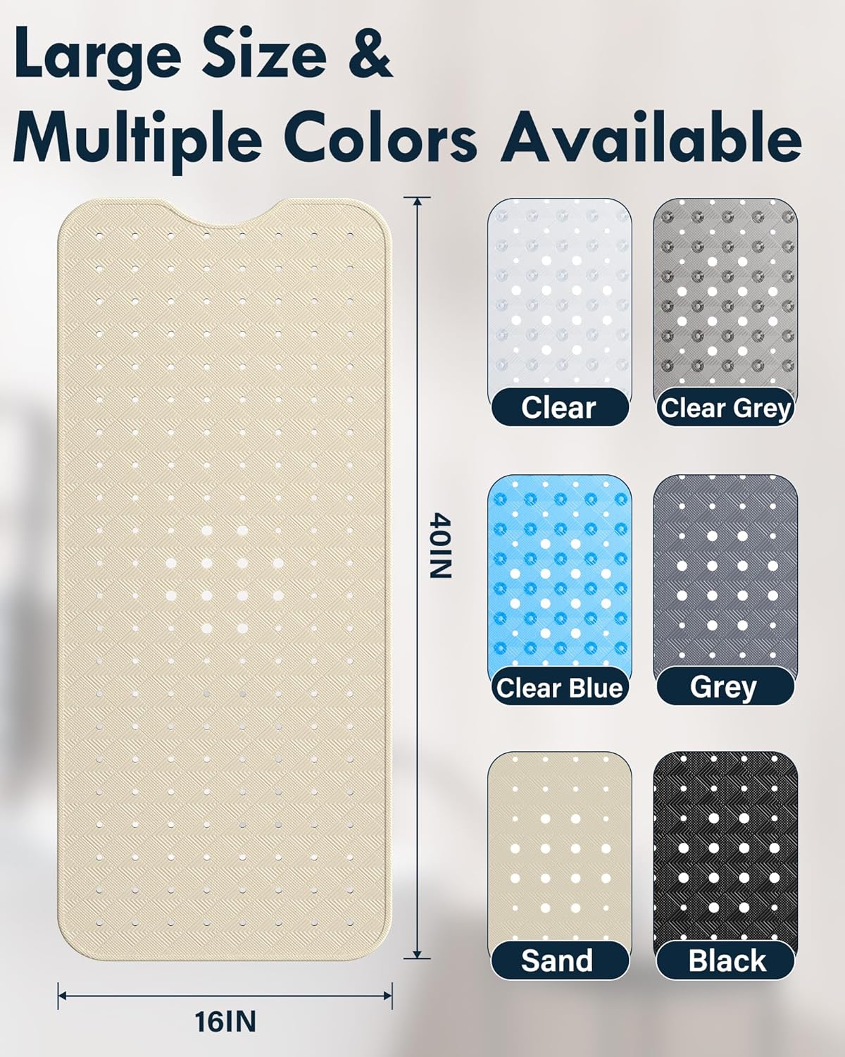 Bathtub Mat Non Slip with 2 Hooks, 40"x16" Extra Large Bath mat for Tub & Shower, Anti Slip, Machine Washable, Soft & Comfortable for Families, Sand