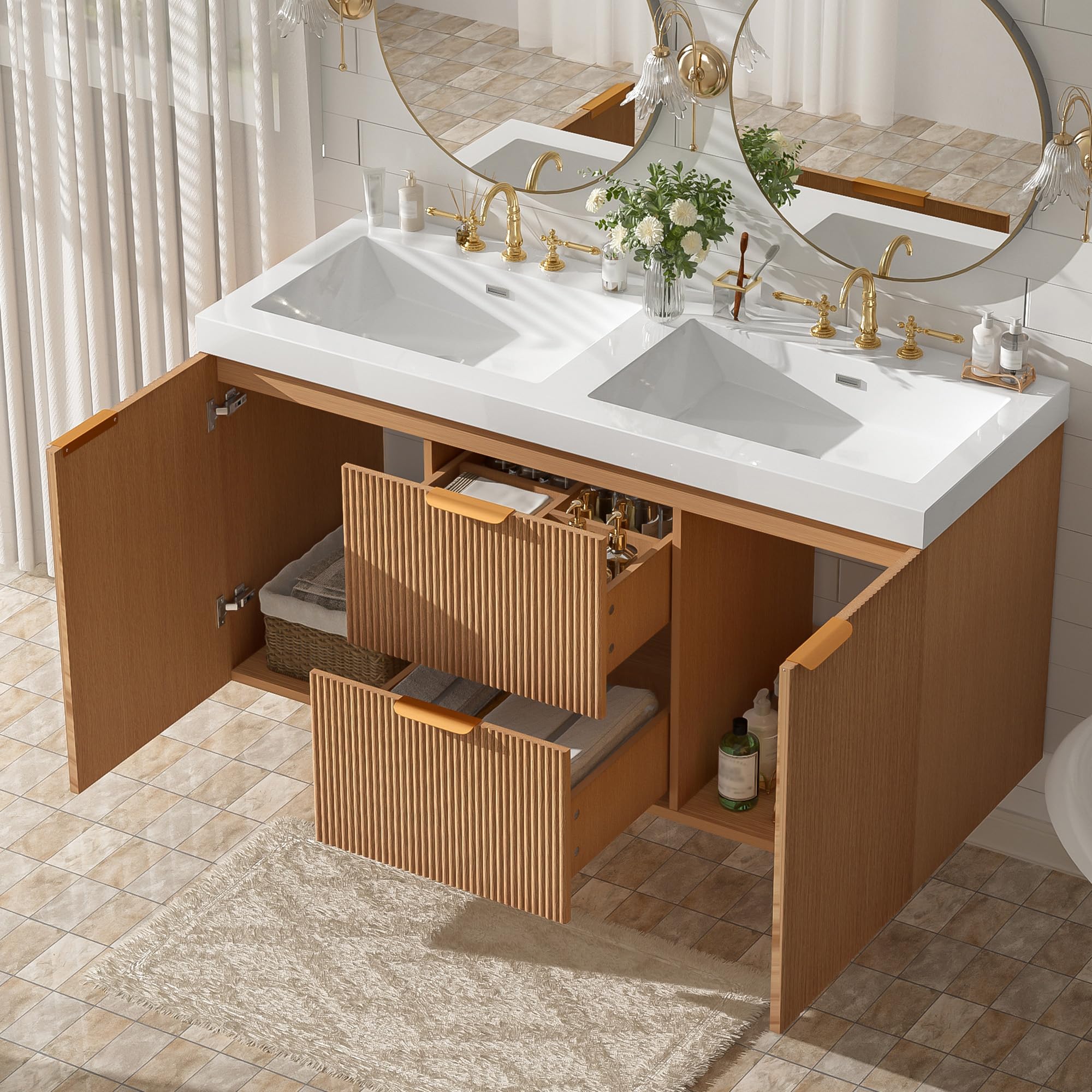 60" Bathroom Vanity with Sink Combo, Floating Double Sink Bathroom Vanity with SMC Resin Top, MDF Cabinet with Solid Wood Frame, Wall-Mounted Bath Room Vanities for Large Bathrooms, Wood