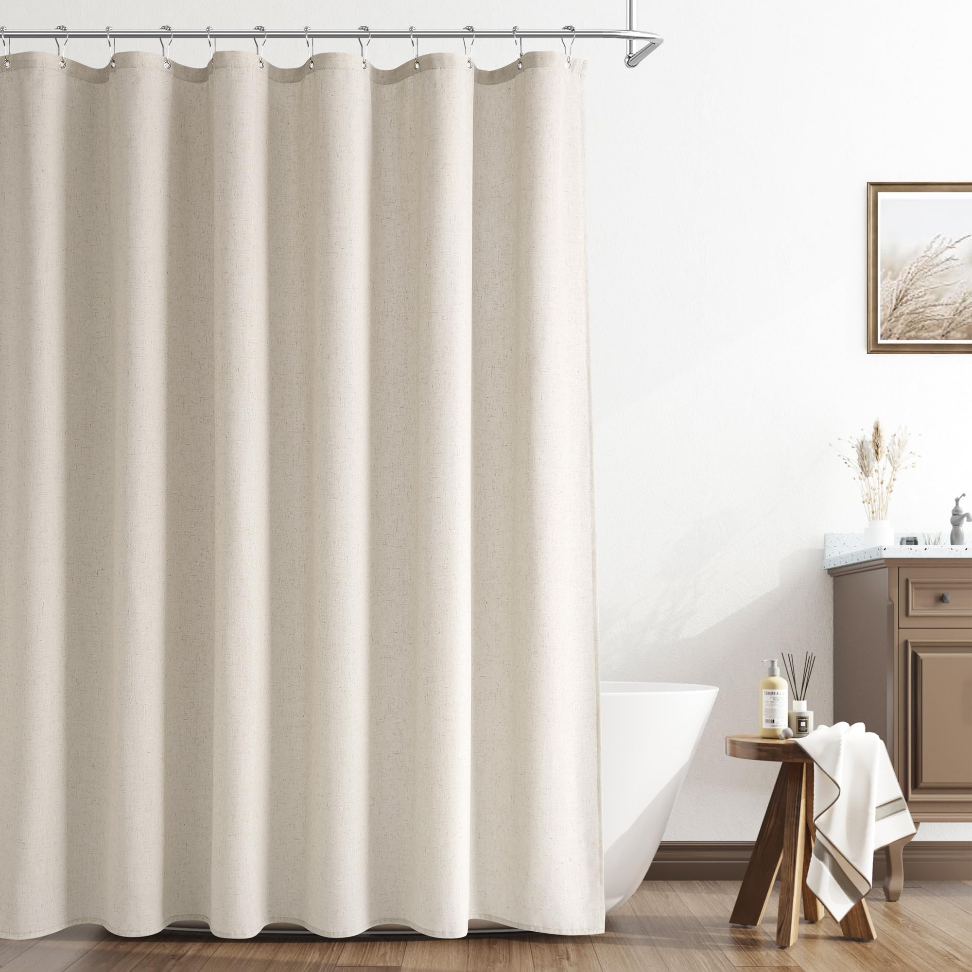 Naturoom Natural Linen Shower Curtain, Country Boho Farmhouse Bath Decor Beige Shower Curtains for Bathroom Neutral Cloth Weighted Textured Fabric Bath Curtain Liner with Hooks, Cream, 72 Inch