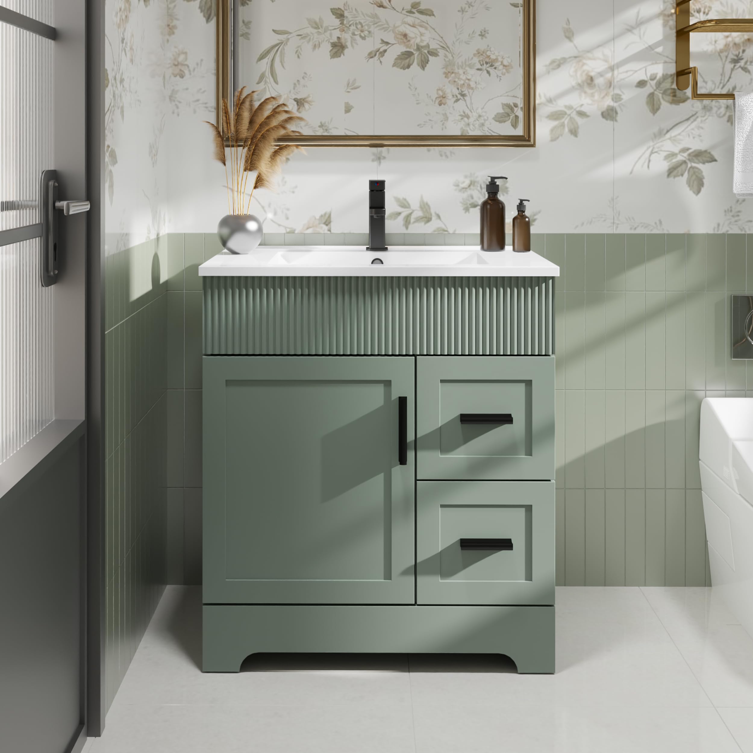 eclife 36" Bathroom Vanities Sink Combo with Painted Surface, Modern Drawered Cabinet W/Decorative Wave Lines, Undermount Single Sink, Matte Black Faucet Drain, Gray Green
