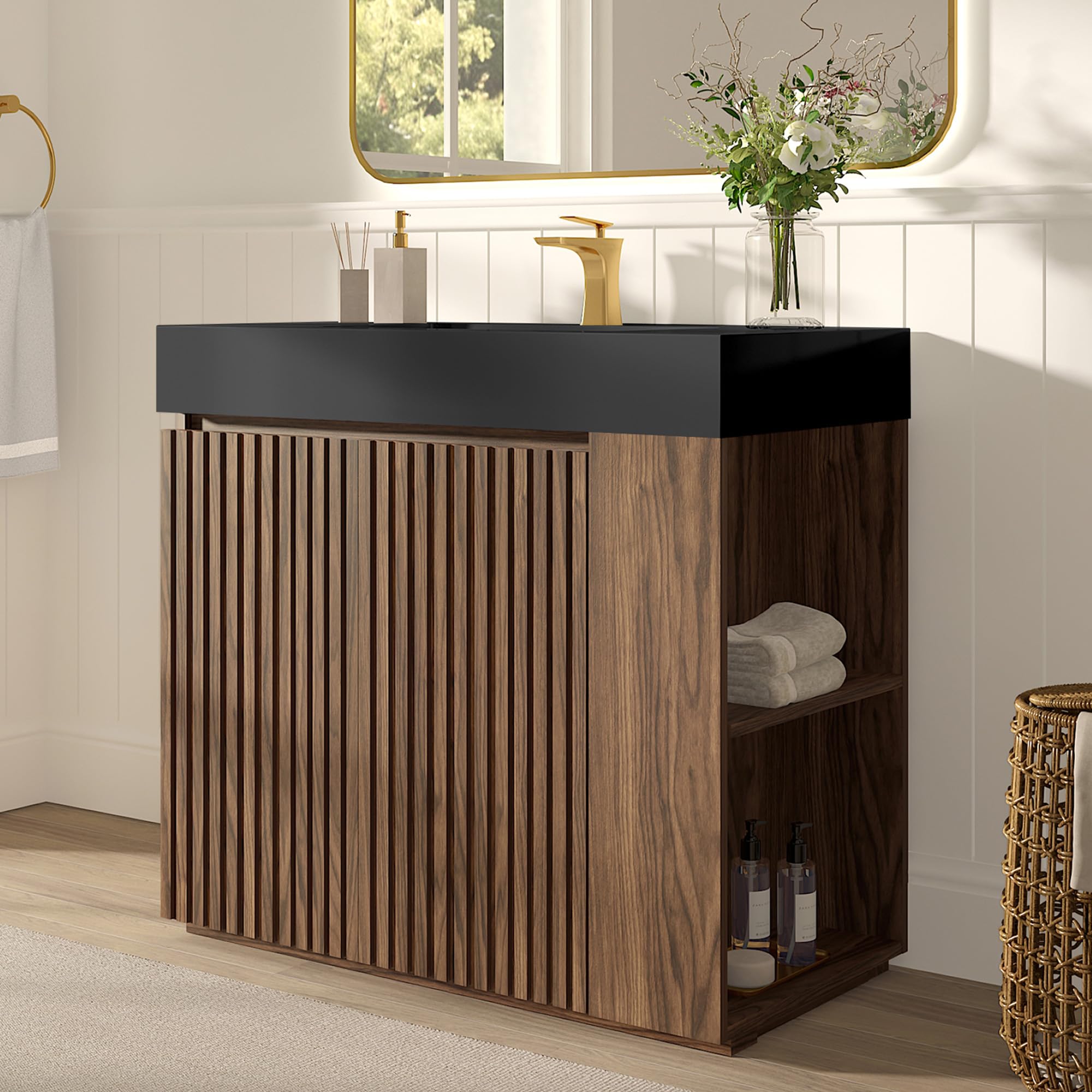 60" Bathroom Vanity with Double Sink, Freestanding Double Sink Bathroom Vanity with White Engineered Stone Top, Open Storage Cabinet & Adjustable Shelf, 4 Soft-Closing Doors, Smoked Oak Brown