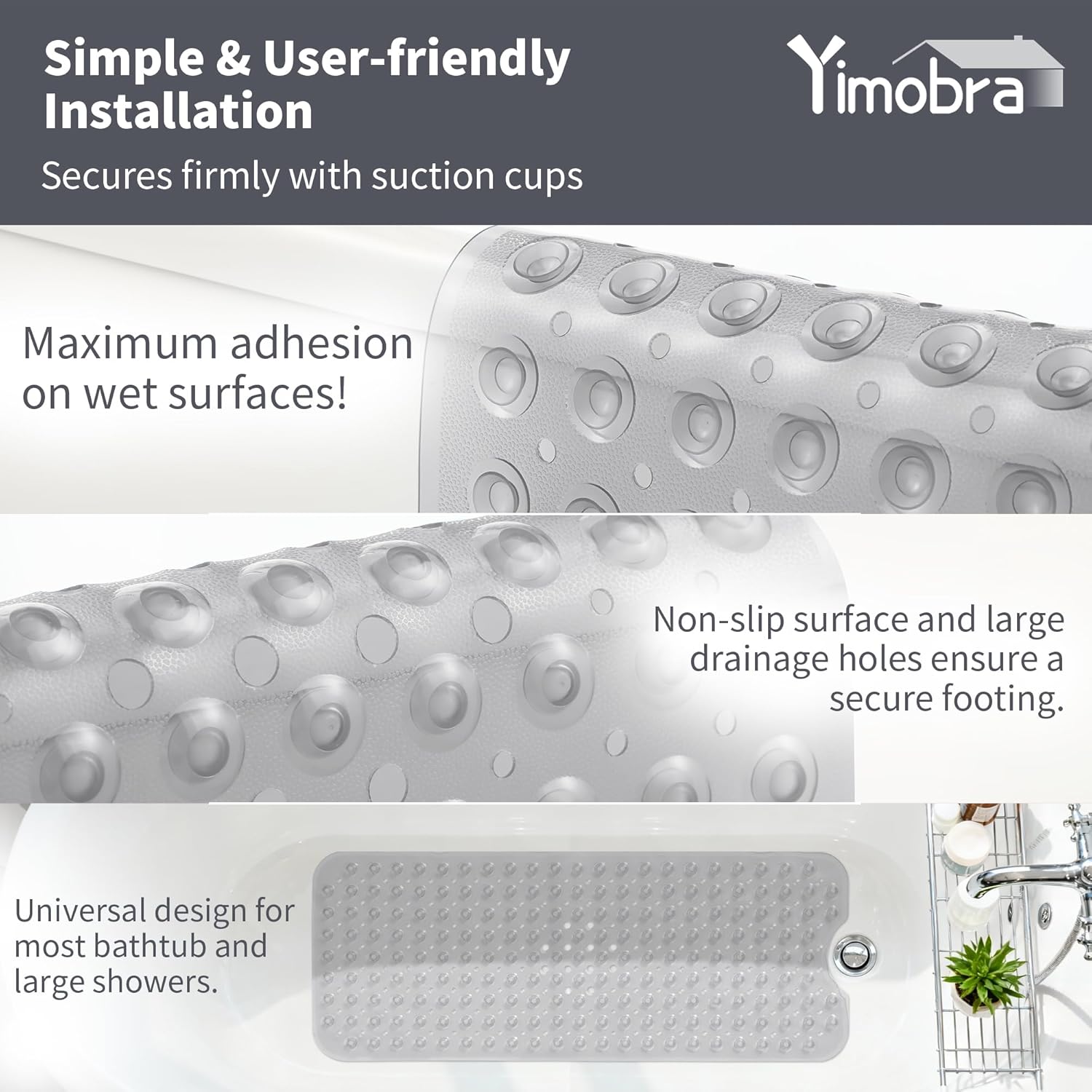Yimobra Non Slip Bathtub Mat 40"x16", Super Strong Suction Cups, Extra Long Shower Mat with Drain Holes, Machine Washable Fast Draining Bathroom Floor Mat, Clear Grey