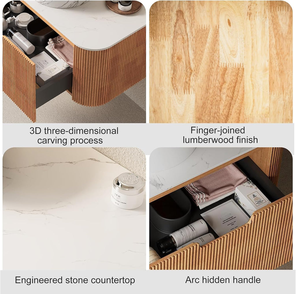 24-Inch Modern Bathroom Vanity with Sink, Floating Cabinet with Ultra-Thin Ceramic Basin and Marble Top, Extra Large Storage Drawer, Soft-Close Design, Nature Wood