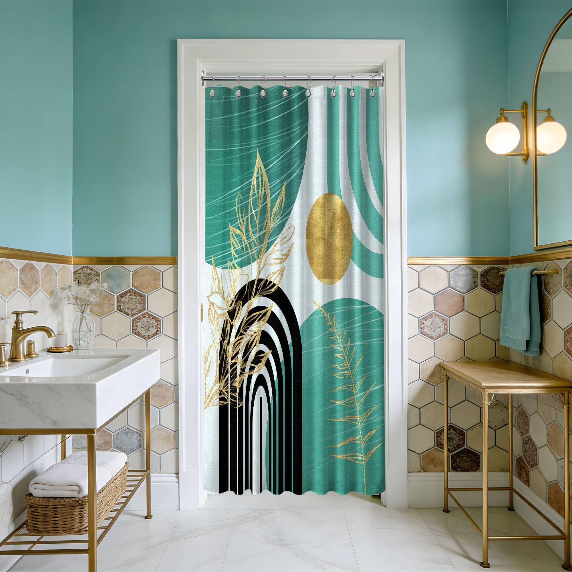 Mid Century Modern Black and Brown Shower Curtain Boho Beige and Dark Tan Gold Shower Curtains for Mens Bathroom Decor Sets, Waterproof Cloth Fabric with Hooks, 70x72in