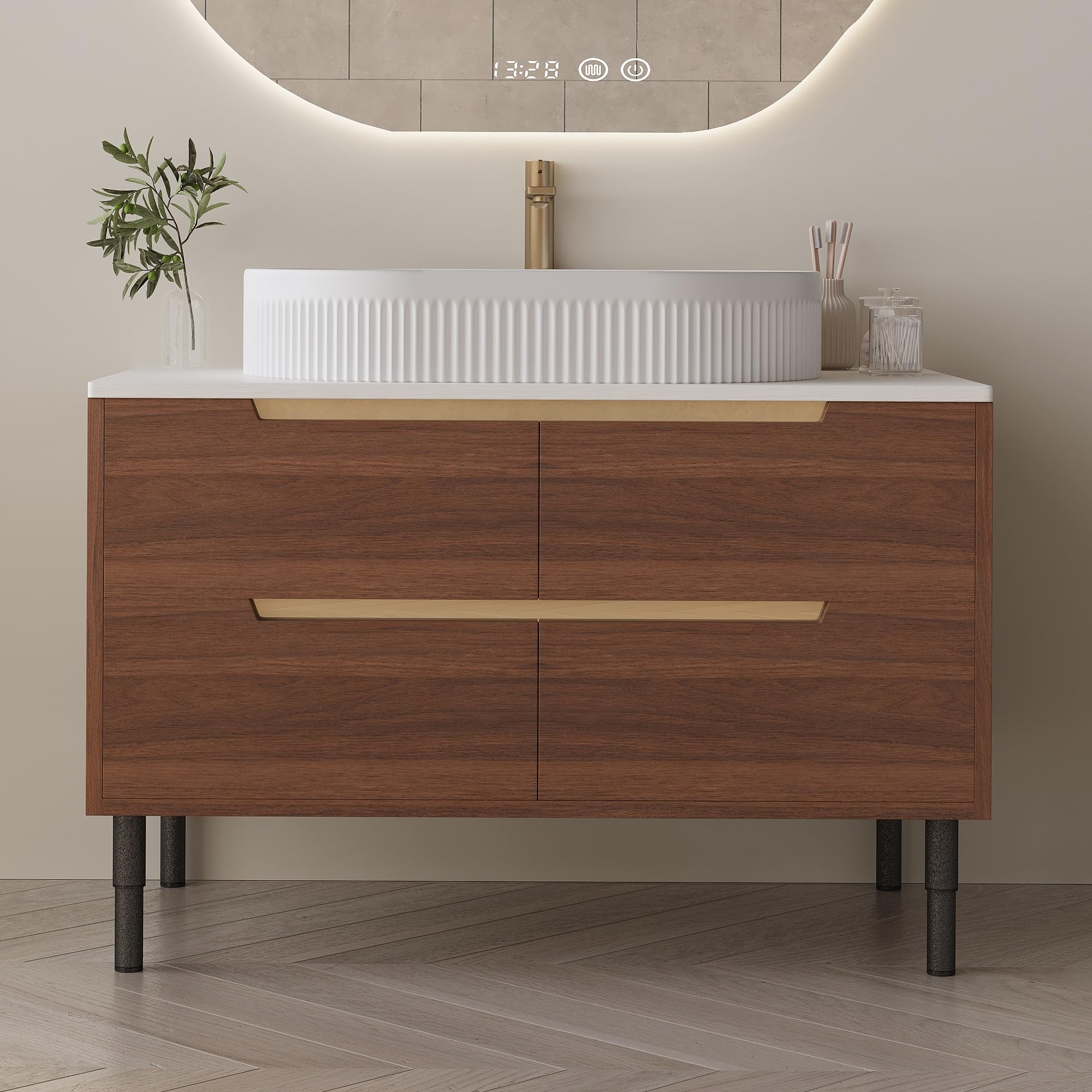 Glintee 36" Modern Bathroom Vanity with Ceramic Sink – Sintered Stone Top, 4 Soft-Close Drawers, Sturdy Solid Wood Cabinet, Wall-Mounted or Freestanding, Easy Assembly, Black & White