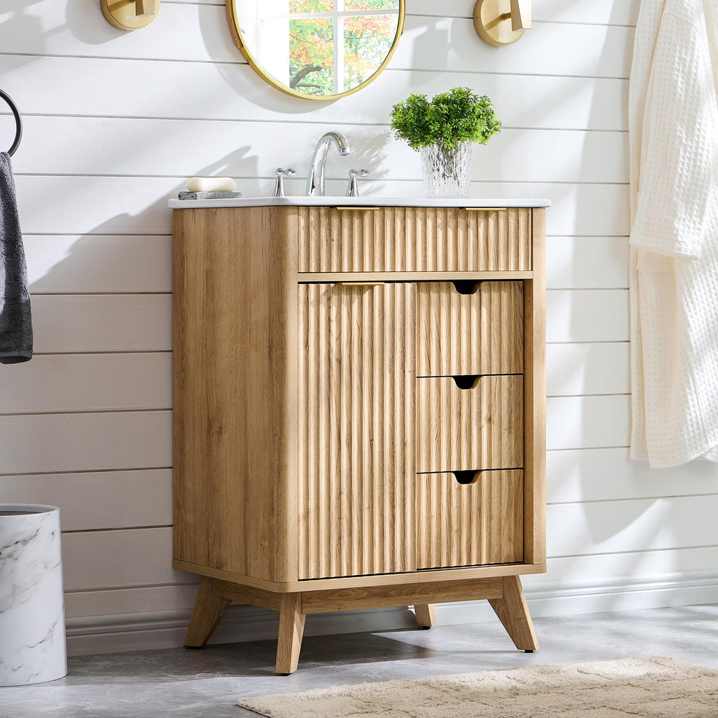 T4TREAM 30" Fluted Bathroom Vanity with Ceramic Sink Combo，Freestanding Modern Bathroom Storage Vanity Cabinet with 2 Soft Closing Doors & 3 Drawers，Wood Grain Texture，Metal Handle，Natural Oak | Fluted, Freestanding, Modern, Bathroom Storage, Vanity Cabin