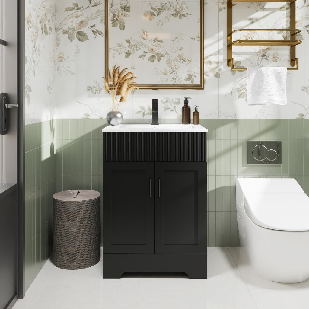 eclife 36" Bathroom Vanities Sink Combo with Painted Surface, Modern Drawered Cabinet W/Decorative Wave Lines, Undermount Single Sink, Matte Black Faucet Drain, Gray Green