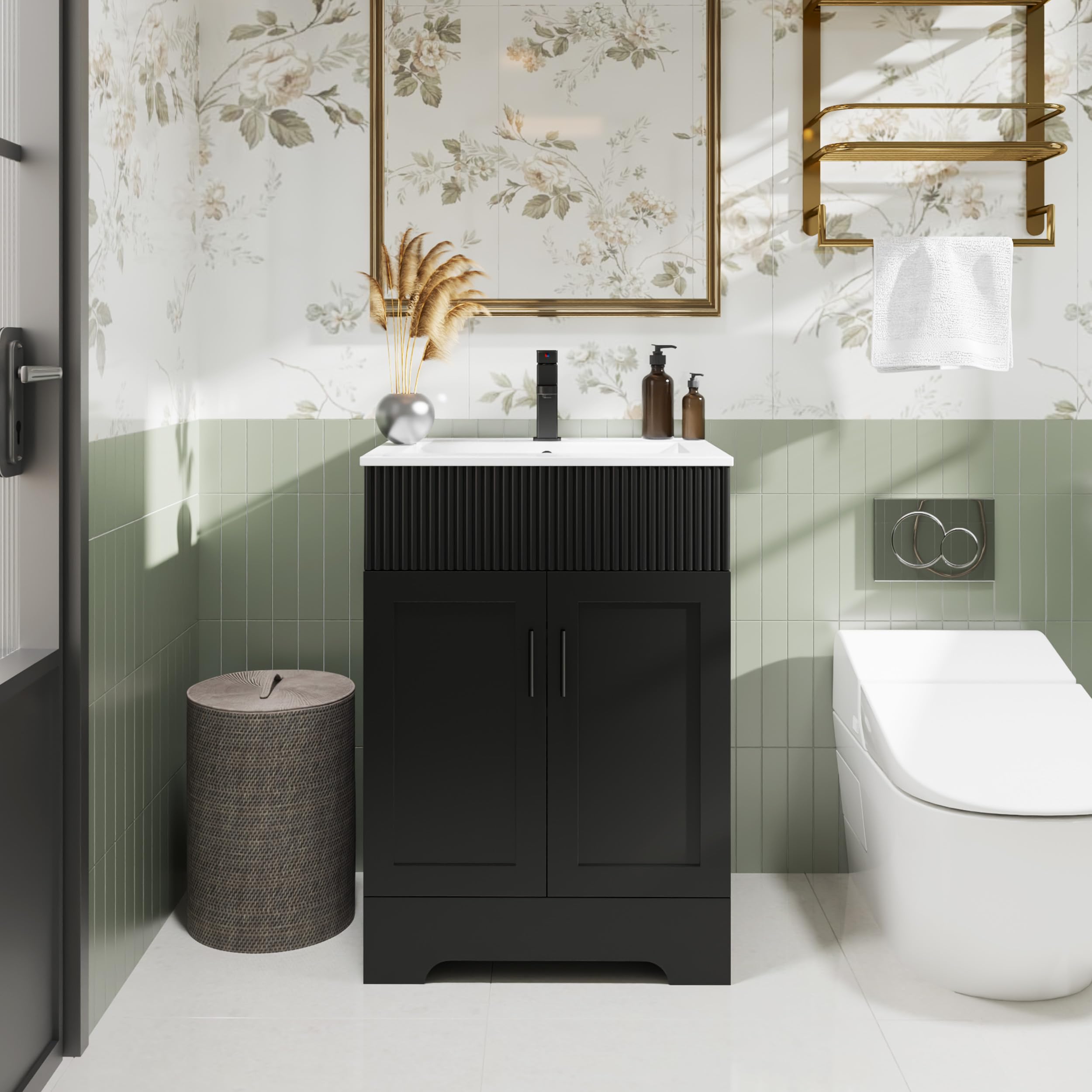 eclife 36" Bathroom Vanities Sink Combo with Painted Surface, Modern Drawered Cabinet W/Decorative Wave Lines, Undermount Single Sink, Matte Black Faucet Drain, Gray Green