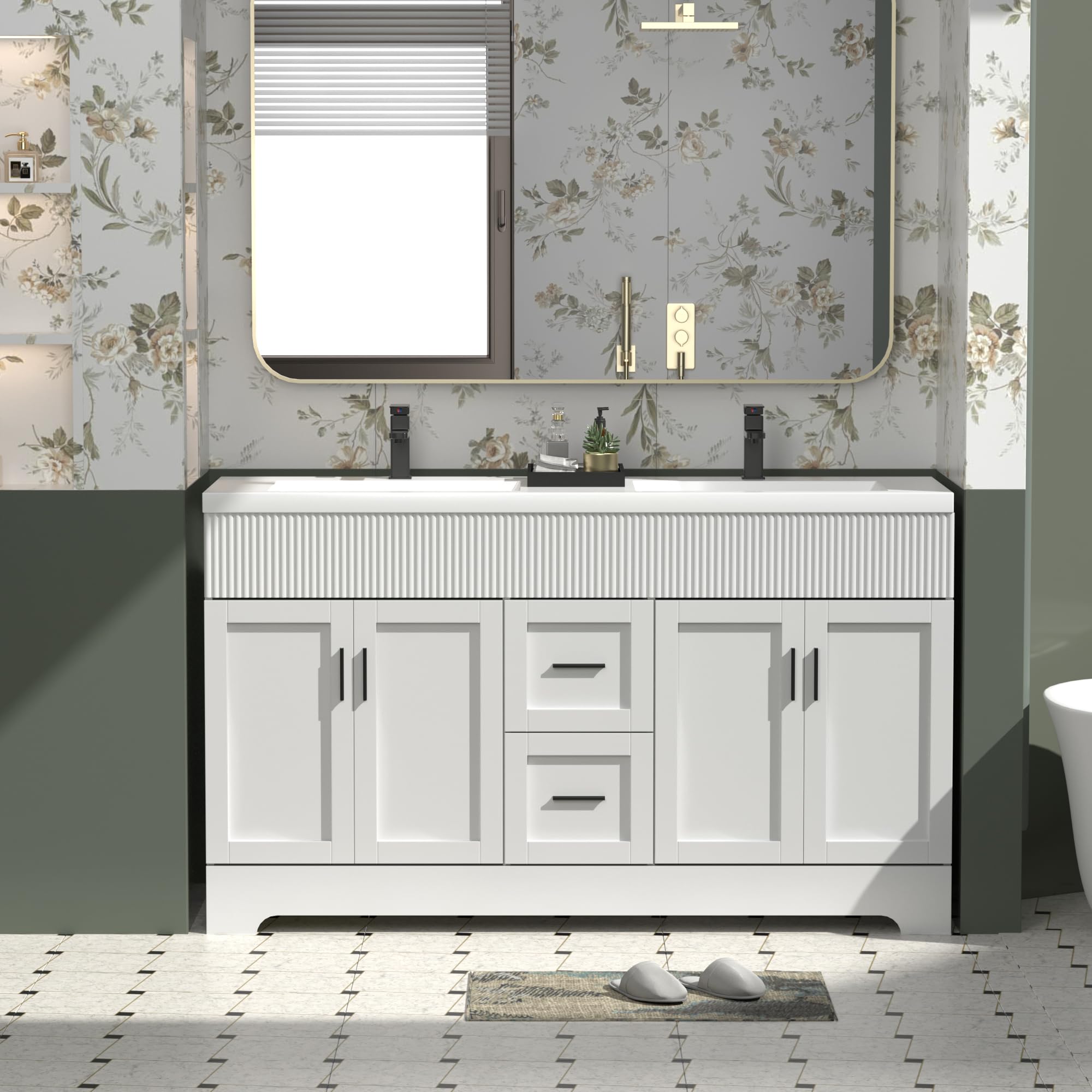 eclife 36" Bathroom Vanities Sink Combo with Painted Surface, Modern Drawered Cabinet W/Decorative Wave Lines, Undermount Single Sink, Matte Black Faucet Drain, Gray Green