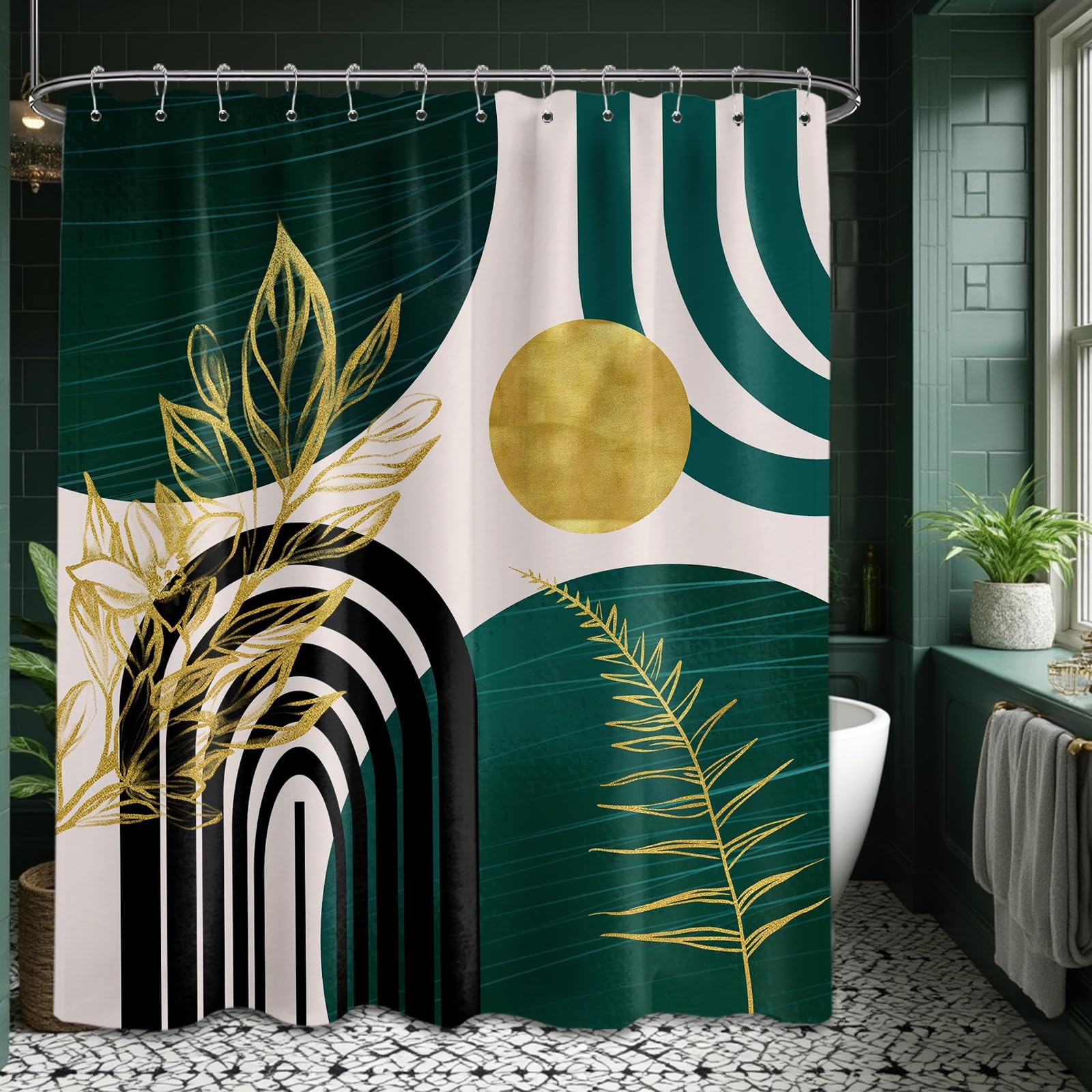 Mid Century Modern Black and Brown Shower Curtain Boho Beige and Dark Tan Gold Shower Curtains for Mens Bathroom Decor Sets, Waterproof Cloth Fabric with Hooks, 70x72in