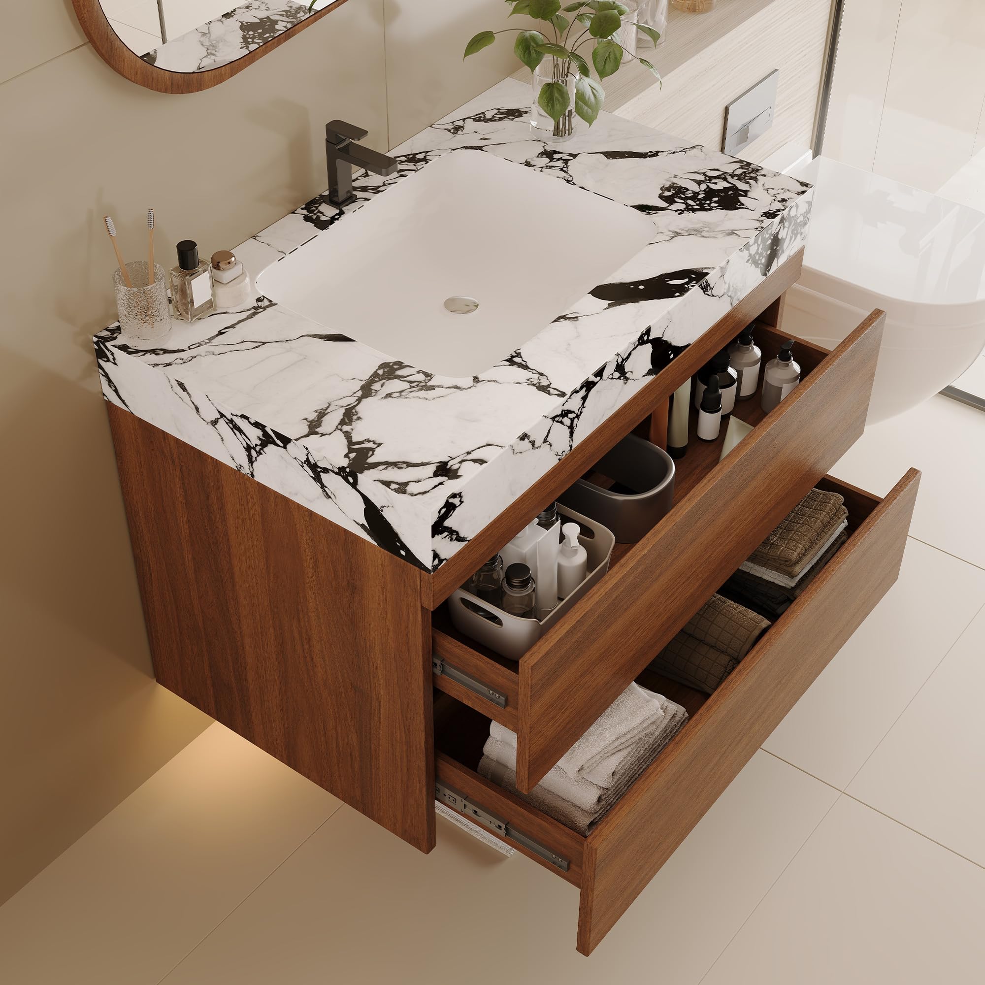 Glintee 36" Modern Bathroom Vanity with Ceramic Sink – Sintered Stone Top, 4 Soft-Close Drawers, Sturdy Solid Wood Cabinet, Wall-Mounted or Freestanding, Easy Assembly, Black & White