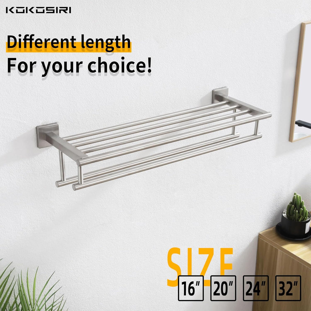 KOKOSIRI 20 Inch Towel Rail Towel Shelf with Double Towel Bars Bathroom Towel Rack Towel Holder Wall Mounted SUS 304 Stainless Steel, Brushed Nickel, B6005BR-L20