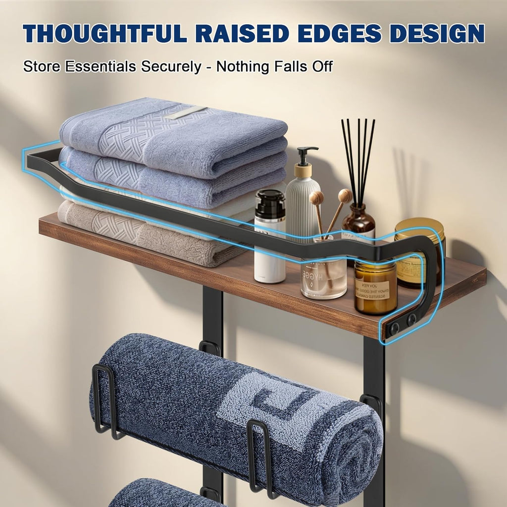 NearMoon Towel Rack with Wooden Shelf, All Metal Rustproof Towel Organizer Holder for Bathroom Storage, Wall Mounted (1 Pack, Matte Black)