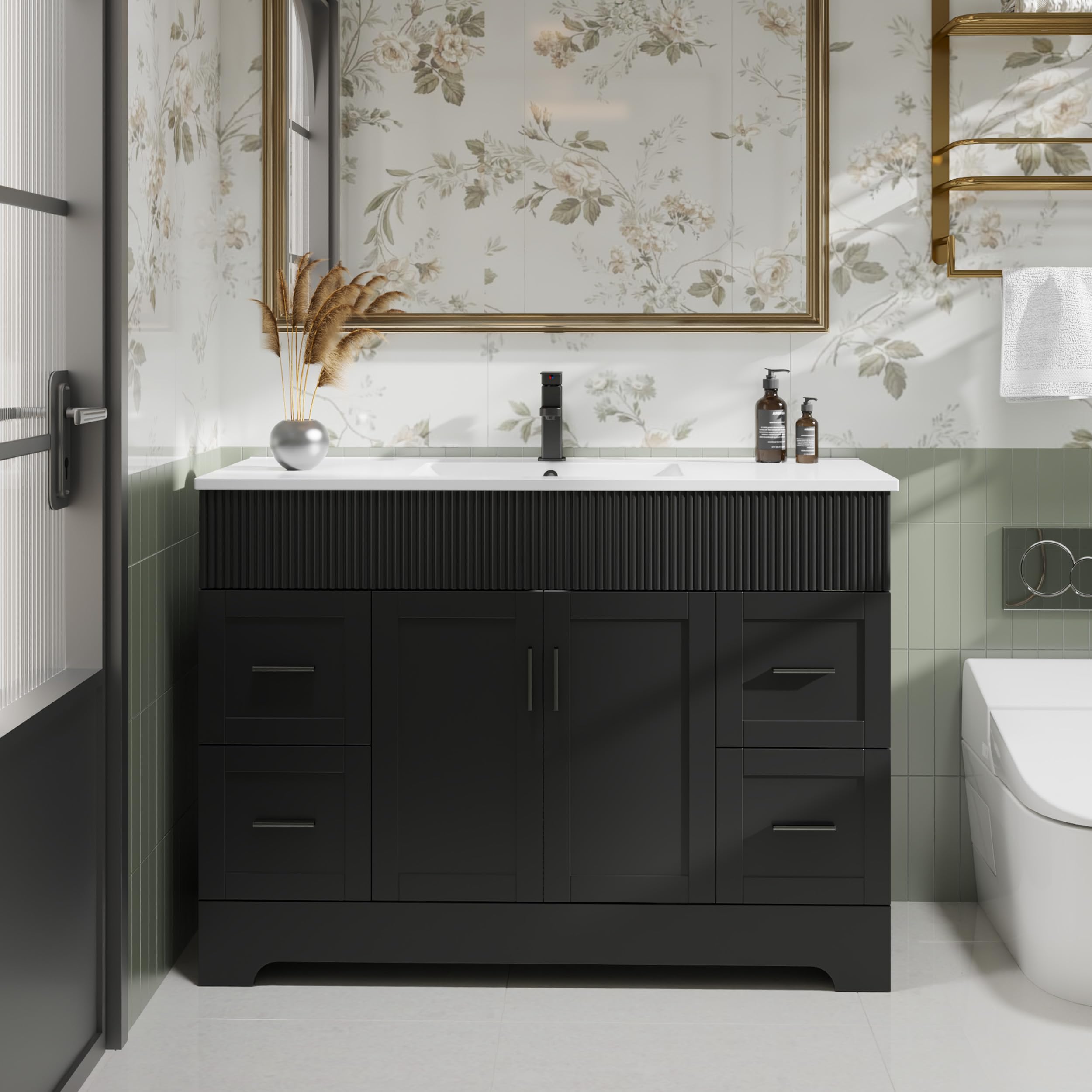 eclife 36" Bathroom Vanities Sink Combo with Painted Surface, Modern Drawered Cabinet W/Decorative Wave Lines, Undermount Single Sink, Matte Black Faucet Drain, Gray Green