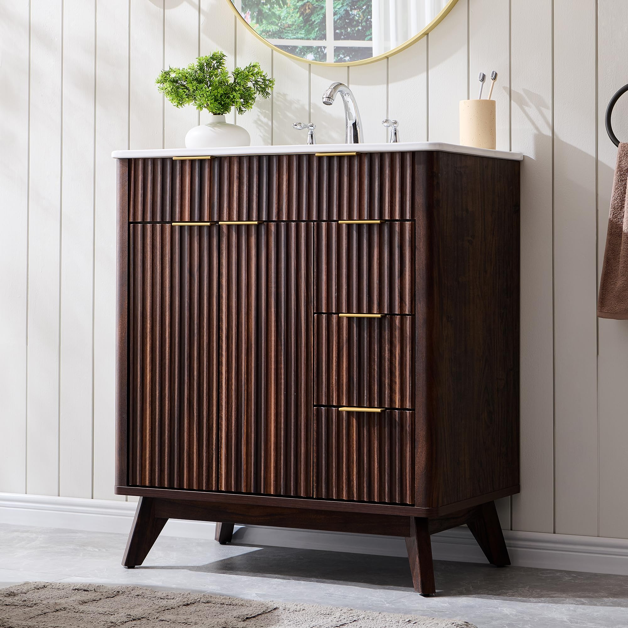 T4TREAM 30" Fluted Bathroom Vanity with Ceramic Sink Combo，Freestanding Modern Bathroom Storage Vanity Cabinet with 2 Soft Closing Doors & 3 Drawers，Wood Grain Texture，Metal Handle，Natural Oak | Fluted, Freestanding, Modern, Bathroom Storage, Vanity Cabin