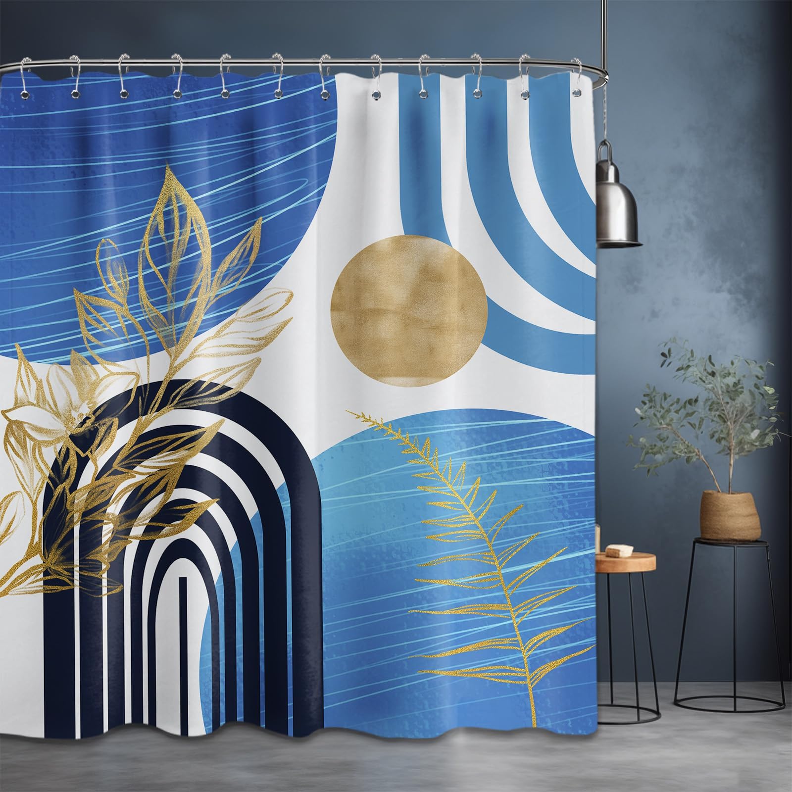 Mid Century Modern Black and Brown Shower Curtain Boho Beige and Dark Tan Gold Shower Curtains for Mens Bathroom Decor Sets, Waterproof Cloth Fabric with Hooks, 70x72in