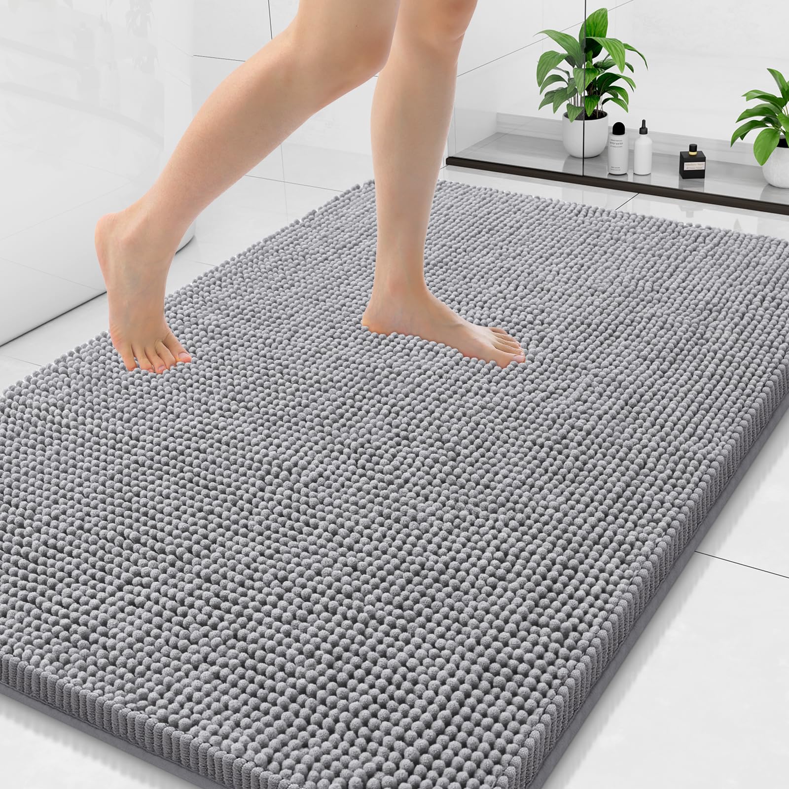 Arotive Bathroom Rugs 30x20, Extra Soft Absorbent Shaggy Chenille Bath Rugs, Machine Washable Rubber Backing Non-Slip Bath Mats for Bathroom Floor Tub and Shower, Home Decor Accessories, Grey