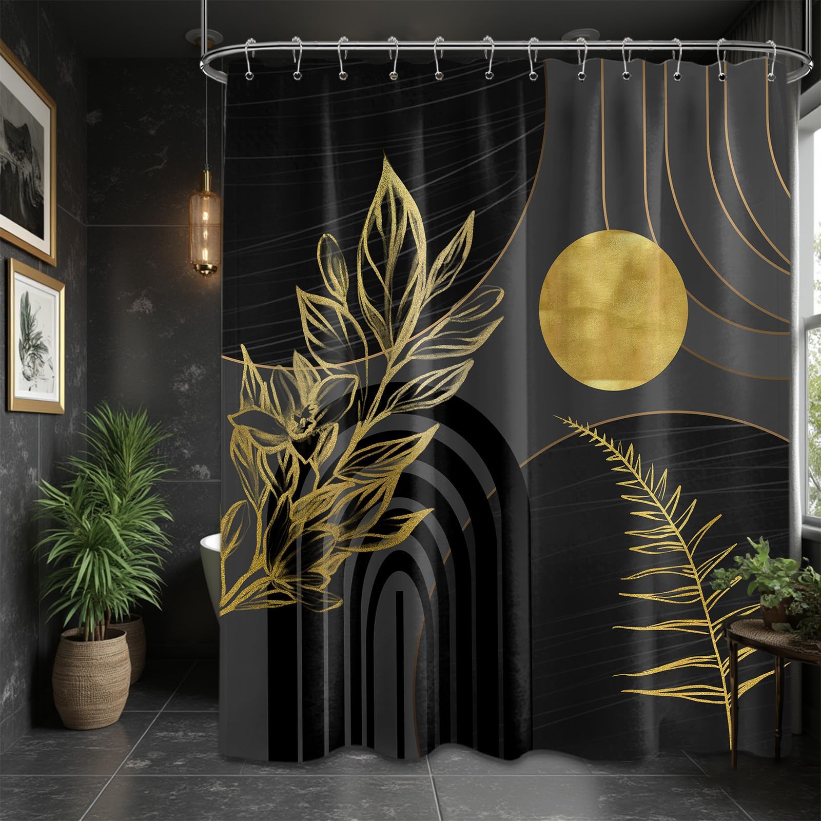 Mid Century Modern Black and Brown Shower Curtain Boho Beige and Dark Tan Gold Shower Curtains for Mens Bathroom Decor Sets, Waterproof Cloth Fabric with Hooks, 70x72in