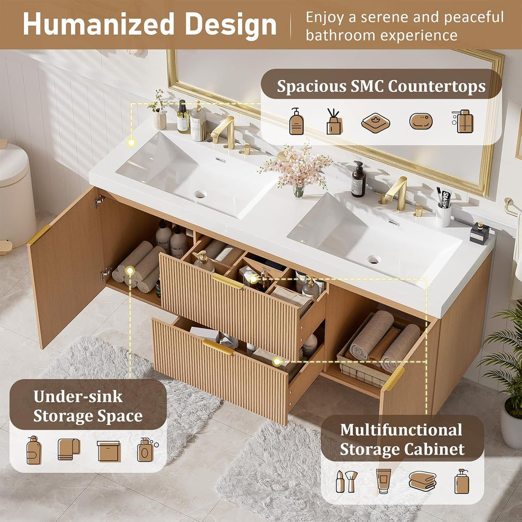 60" Bathroom Vanity with Sink Combo, Floating Double Sink Bathroom Vanity with SMC Resin Top, MDF Cabinet with Solid Wood Frame, Wall-Mounted Bath Room Vanities for Large Bathrooms, Wood