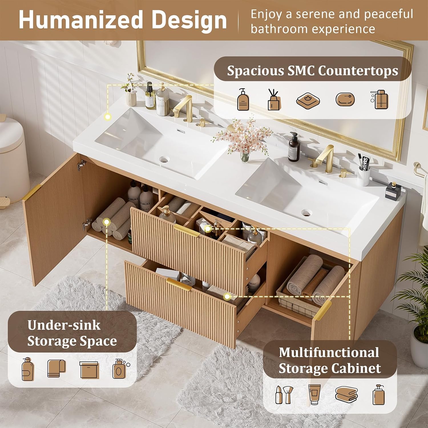 60" Bathroom Vanity with Sink Combo, Floating Double Sink Bathroom Vanity with SMC Resin Top, MDF Cabinet with Solid Wood Frame, Wall-Mounted Bath Room Vanities for Large Bathrooms, Wood