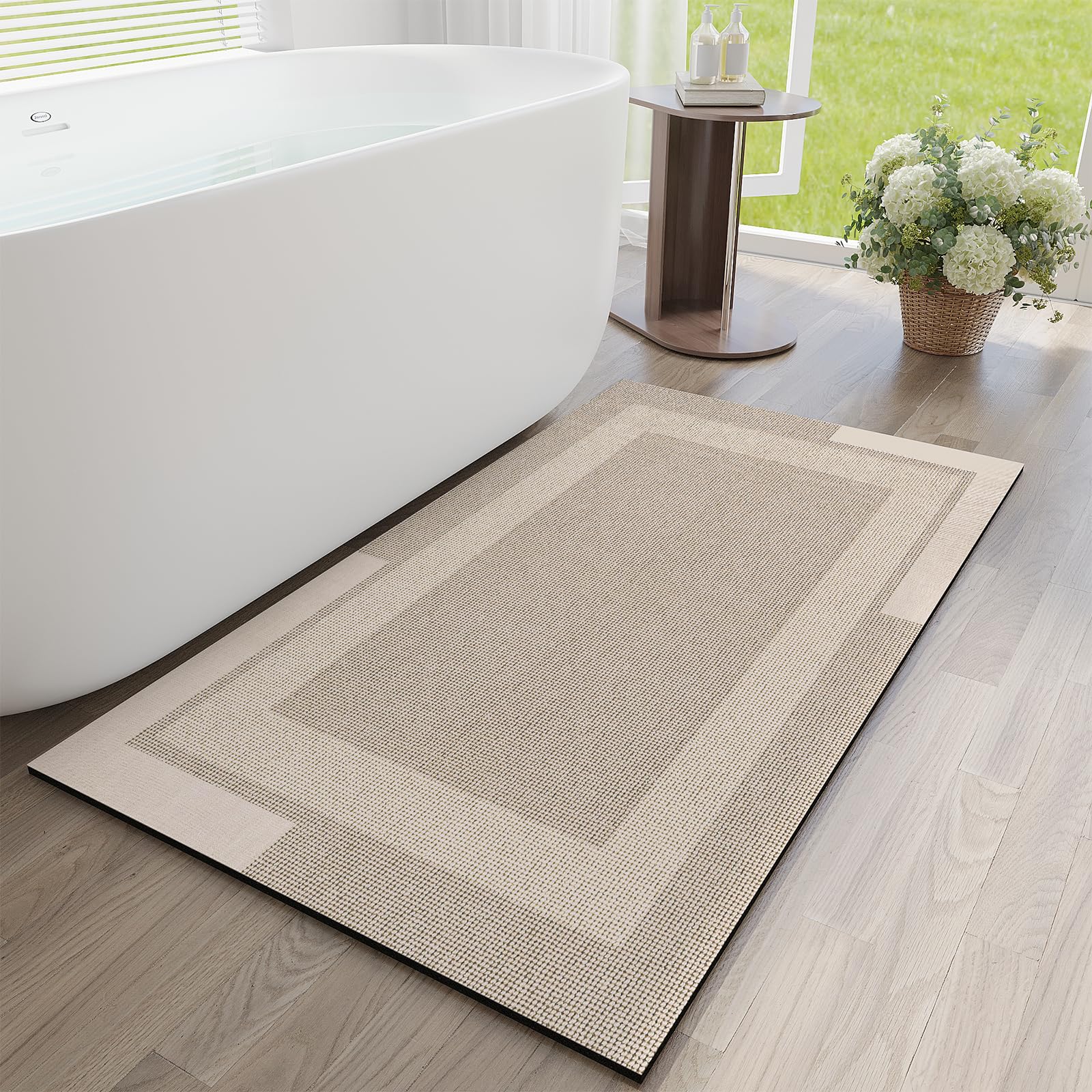 YDKGL Non Slip Bath Mat, Rubber Backing Ultra Thin Bathroom Rugs Fit Under Door Quick Dry Super Absorbent Washable Bath Rug Shower Mat for Bathroom Floor Bathtub Shower Sink, Easy Care Beige 16"x 24"