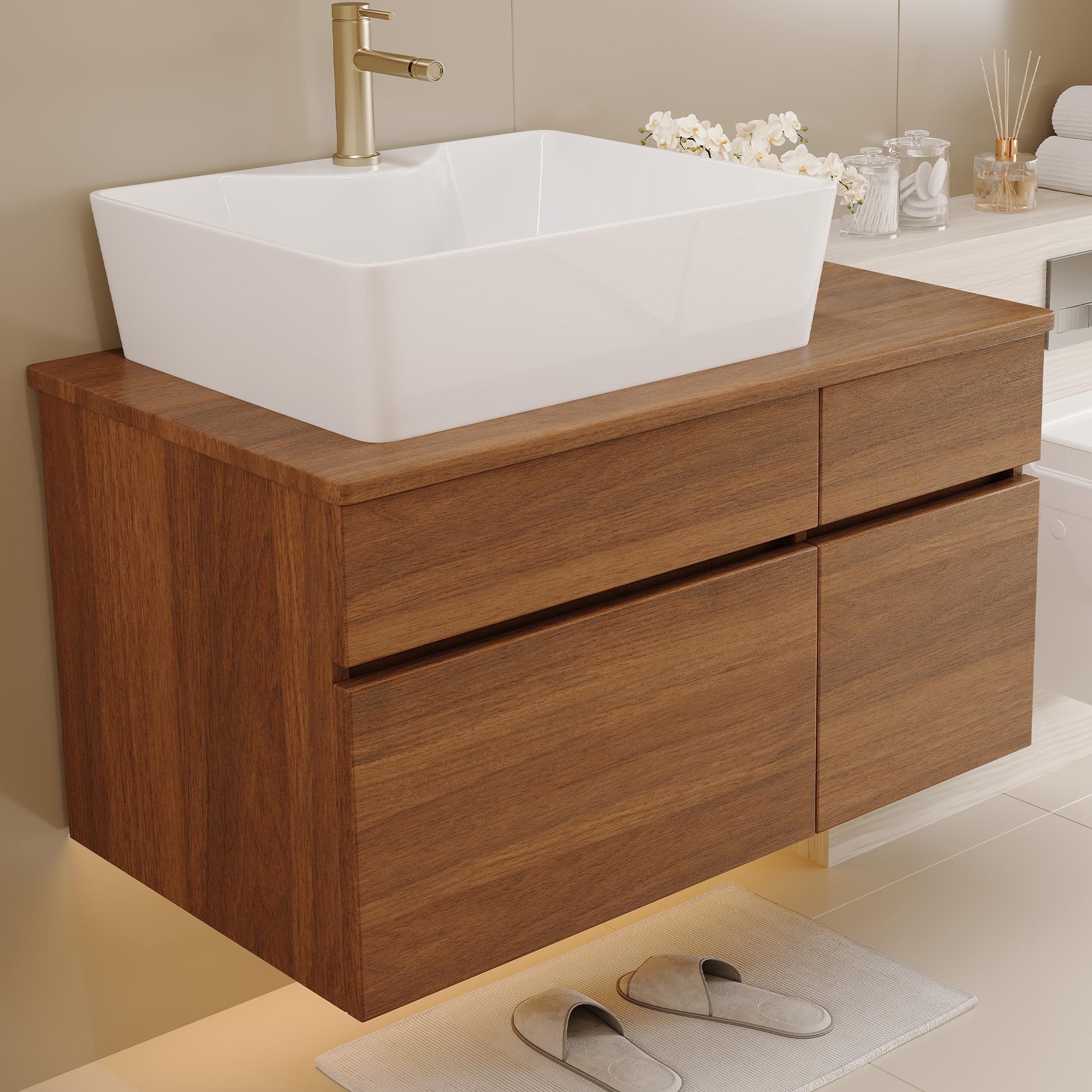 Glintee 36" Modern Bathroom Vanity with Ceramic Sink – Sintered Stone Top, 4 Soft-Close Drawers, Sturdy Solid Wood Cabinet, Wall-Mounted or Freestanding, Easy Assembly, Black & White