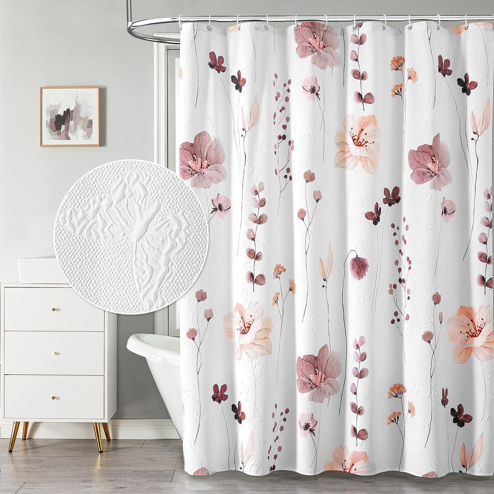 QiyI Watercolor Floral Shower Curtain, 3D Embossed Butterflies Grey Beige Flower Bathroom Curtains, Minimalist White Cloth Bath Curtain, Waterproof Fabric Textured Shower Curtain Set with Hooks, 72x72