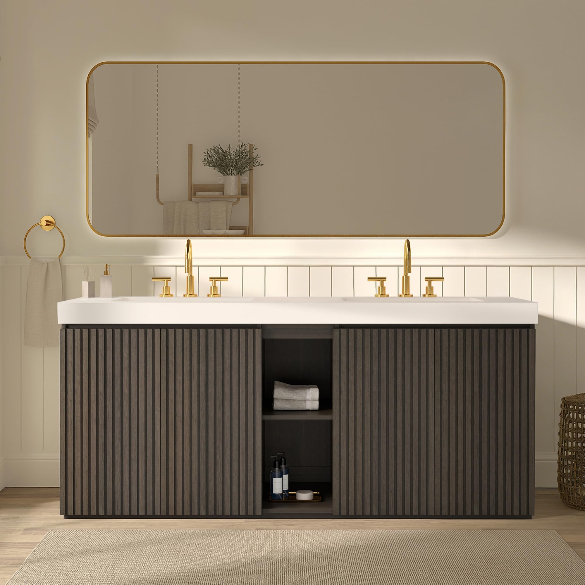 60" Bathroom Vanity with Double Sink, Freestanding Double Sink Bathroom Vanity with White Engineered Stone Top, Open Storage Cabinet & Adjustable Shelf, 4 Soft-Closing Doors, Smoked Oak Brown