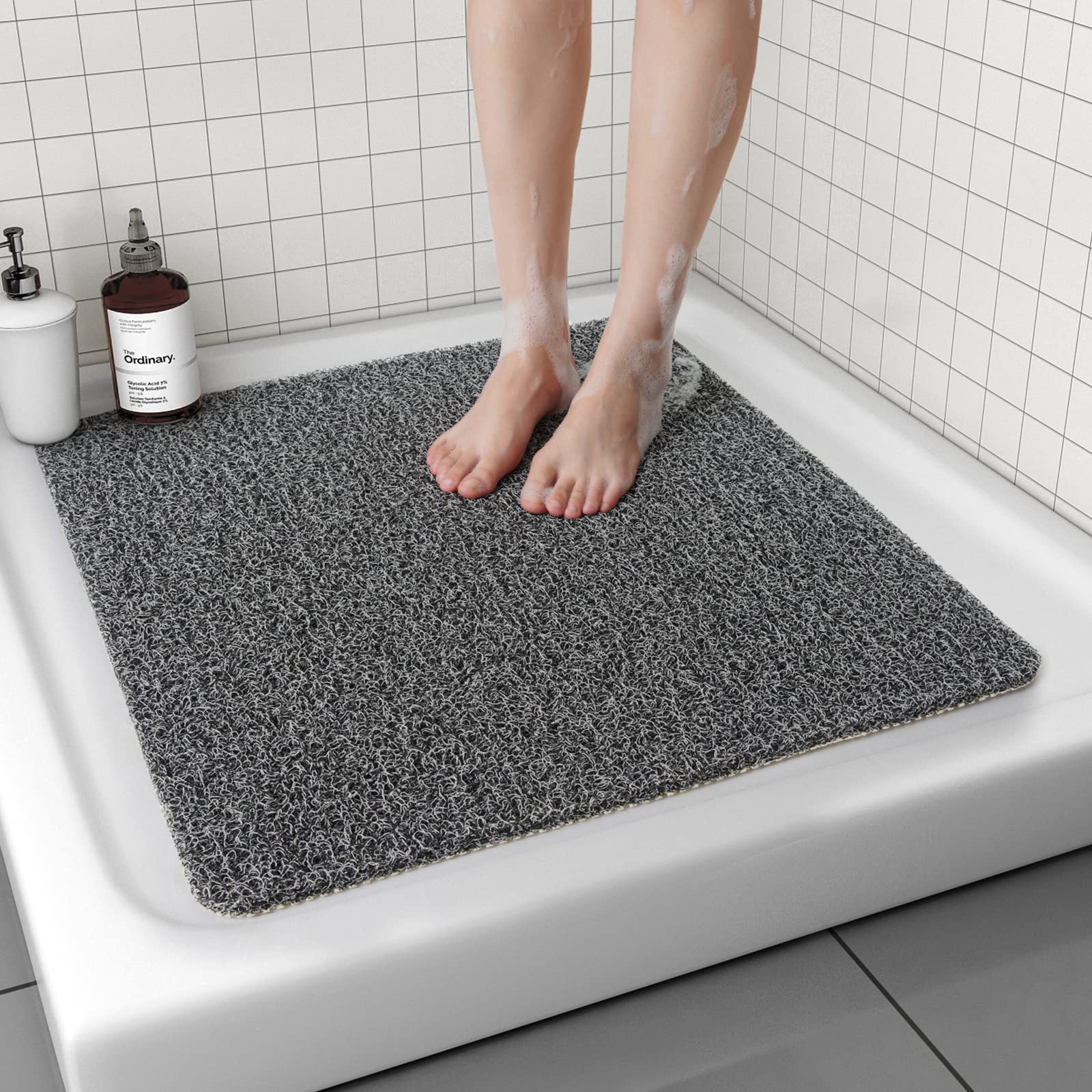 Non Slip Shower Mat, Comfortable Bath mat for Textured Surface,Quick Drying Easy Cleaning Shower Floor Mat for Wet Area,Without Suction Cups Grey 24 x 24