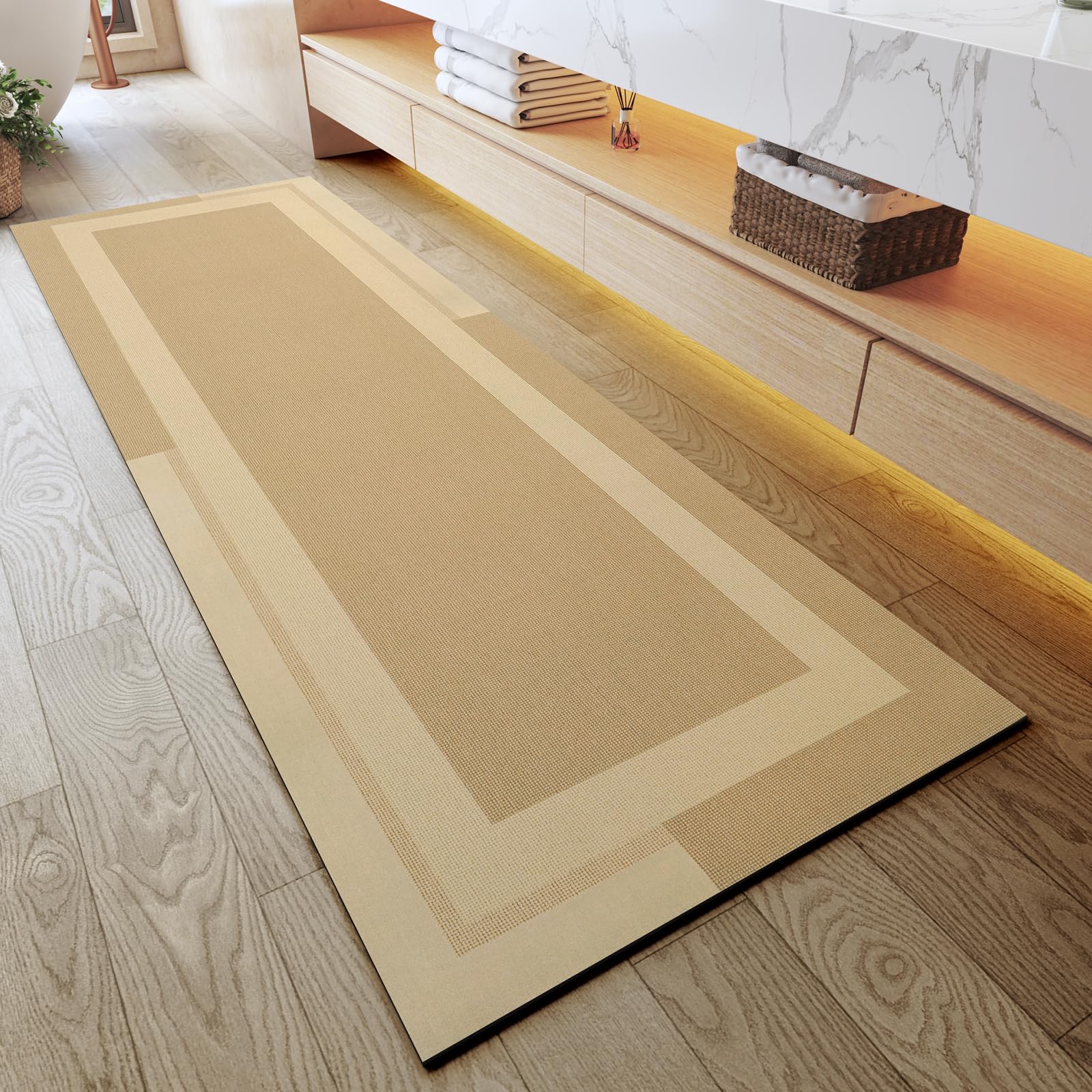 YDKGL Non Slip Bath Mat, Rubber Backing Ultra Thin Bathroom Rugs Fit Under Door Quick Dry Super Absorbent Washable Bath Rug Shower Mat for Bathroom Floor Bathtub Shower Sink, Easy Care Beige 16"x 24"
