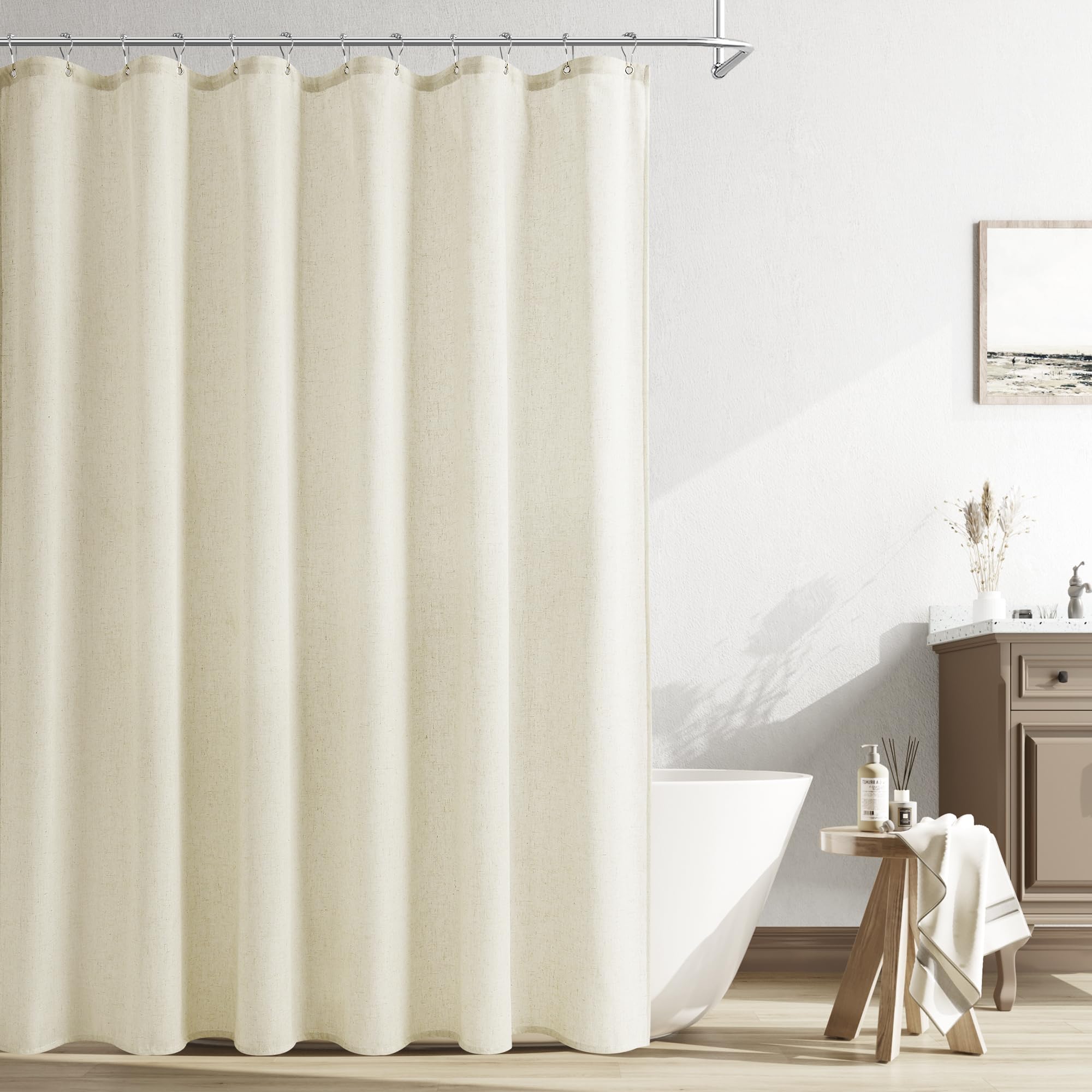 Naturoom Natural Linen Shower Curtain, Country Boho Farmhouse Bath Decor Beige Shower Curtains for Bathroom Neutral Cloth Weighted Textured Fabric Bath Curtain Liner with Hooks, Cream, 72 Inch
