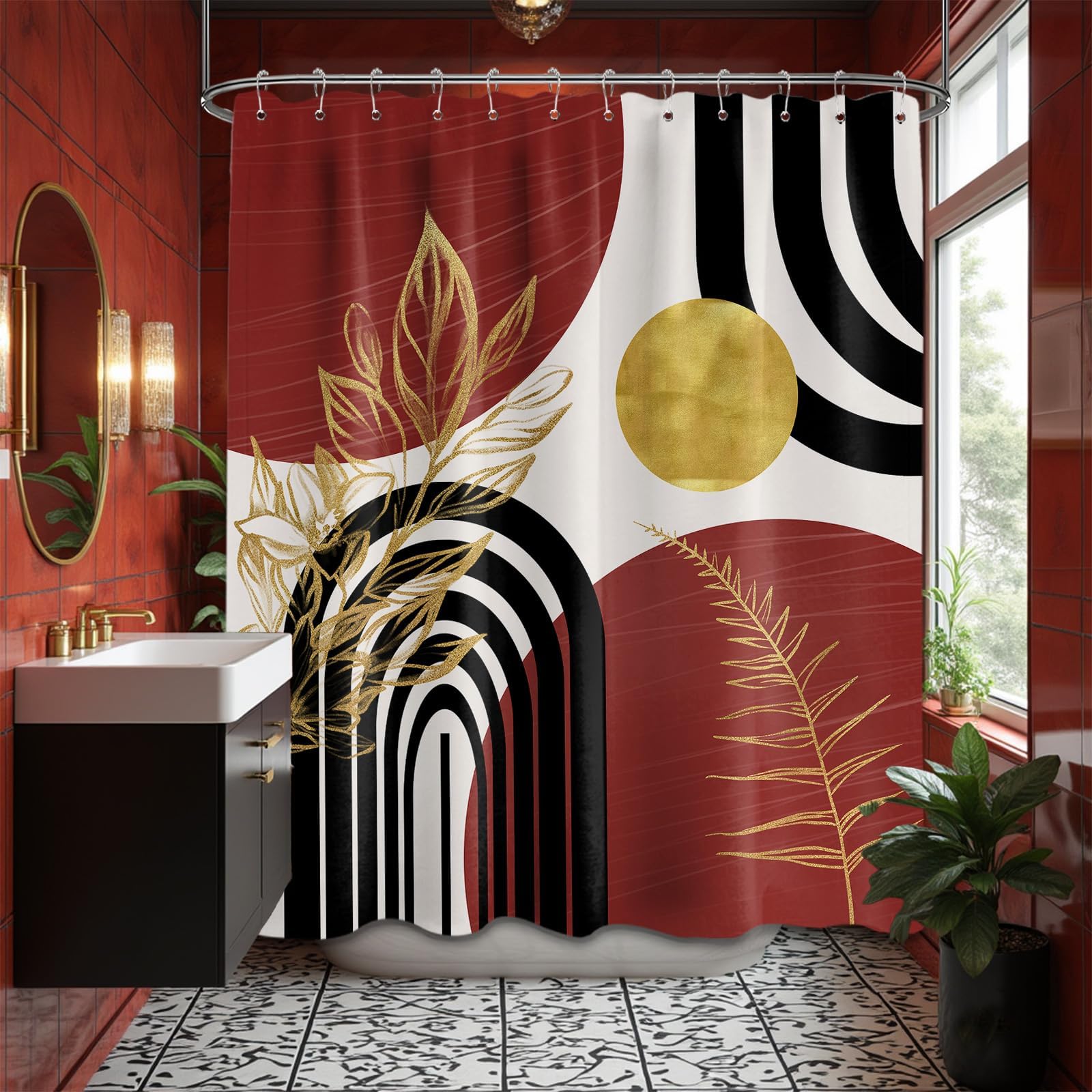 Mid Century Modern Black and Brown Shower Curtain Boho Beige and Dark Tan Gold Shower Curtains for Mens Bathroom Decor Sets, Waterproof Cloth Fabric with Hooks, 70x72in