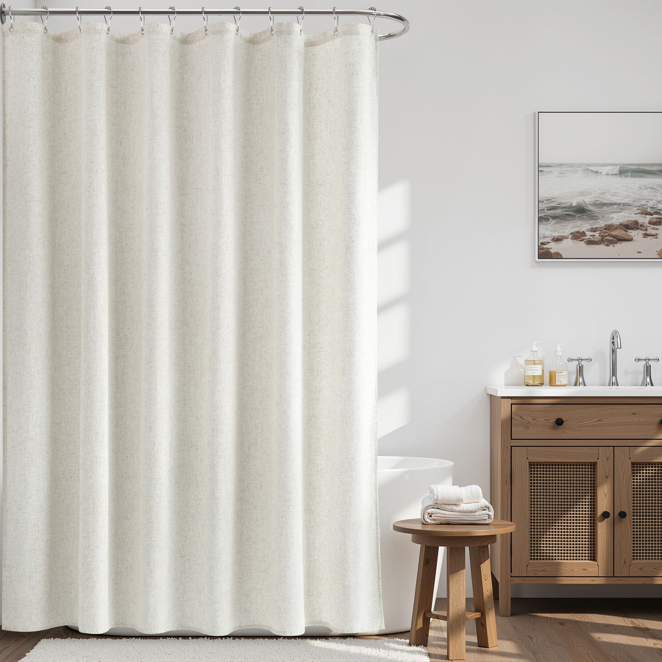 Naturoom Natural Linen Shower Curtain, Country Boho Farmhouse Bath Decor Beige Shower Curtains for Bathroom Neutral Cloth Weighted Textured Fabric Bath Curtain Liner with Hooks, Cream, 72 Inch