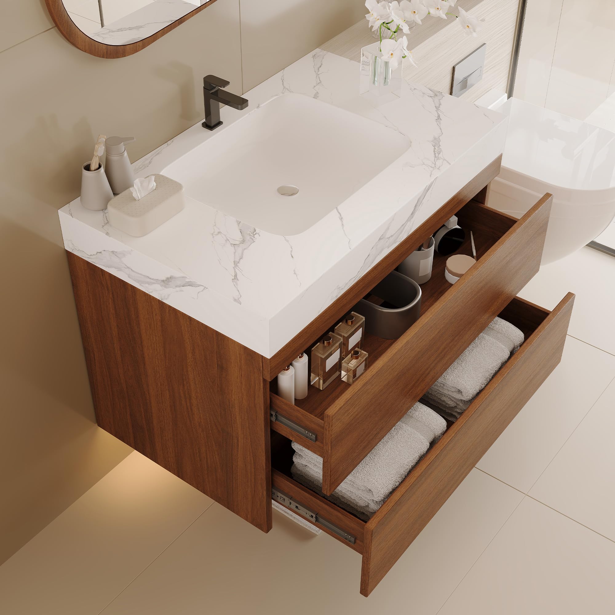 Glintee 36" Modern Bathroom Vanity with Ceramic Sink – Sintered Stone Top, 4 Soft-Close Drawers, Sturdy Solid Wood Cabinet, Wall-Mounted or Freestanding, Easy Assembly, Black & White
