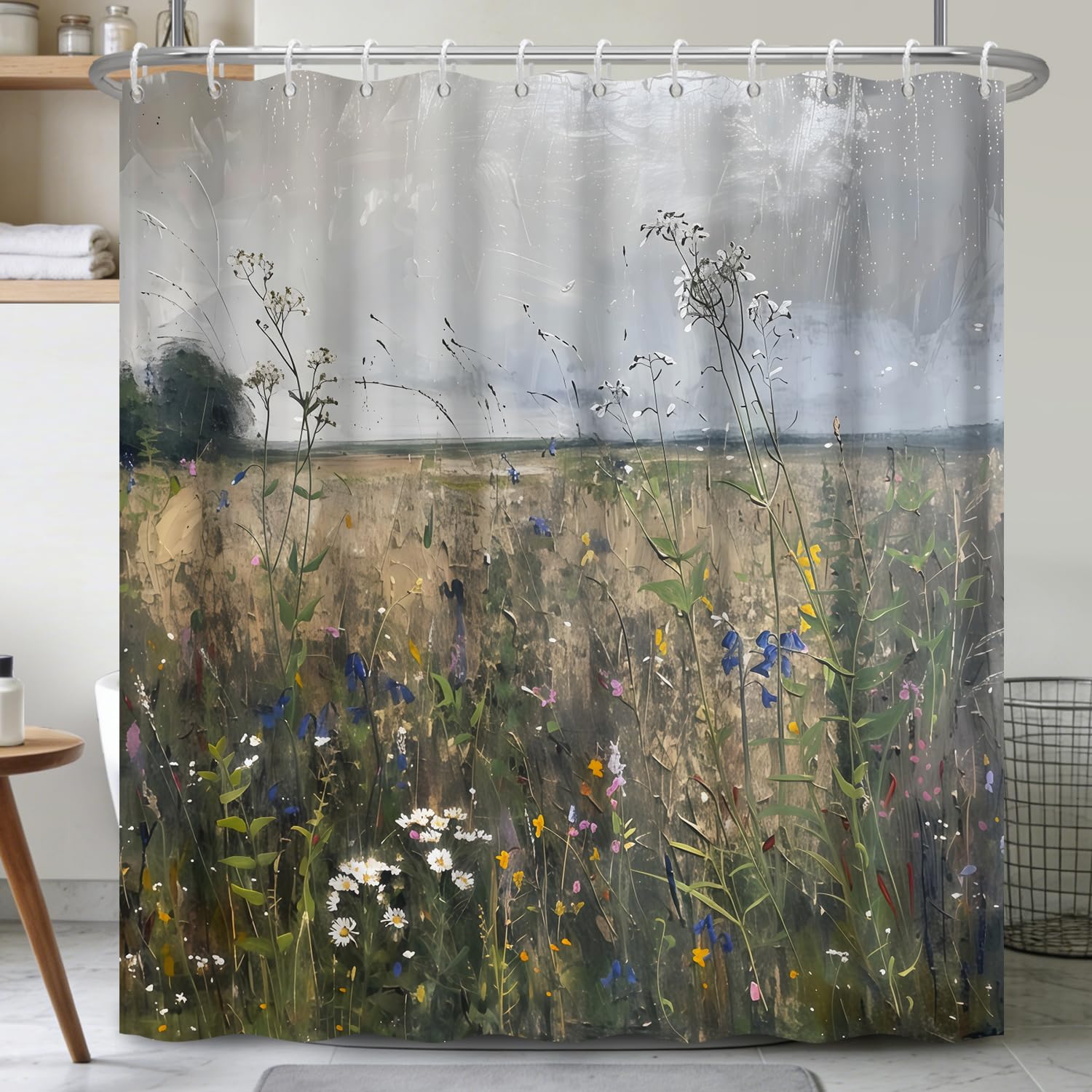 Birch Tree Shower Curtain 71x74 Inch – Woodland Forest Watercolor Landscape Print Waterproof Bathroom Curtain with Rust-Proof Hooks for Farmhouse Rustic Scandinavian Bath Decor