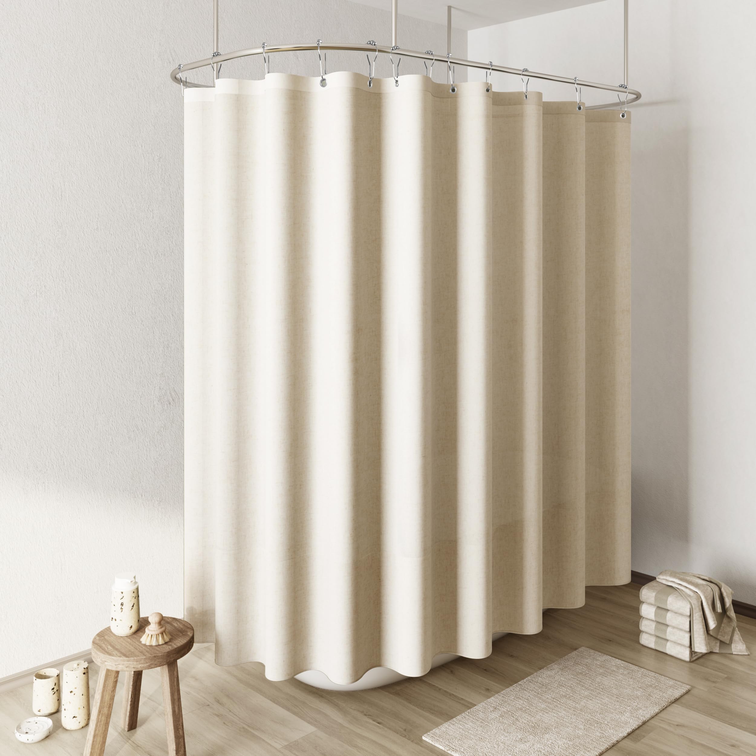 Naturoom Natural Linen Shower Curtain, Country Boho Farmhouse Bath Decor Beige Shower Curtains for Bathroom Neutral Cloth Weighted Textured Fabric Bath Curtain Liner with Hooks, Cream, 72 Inch