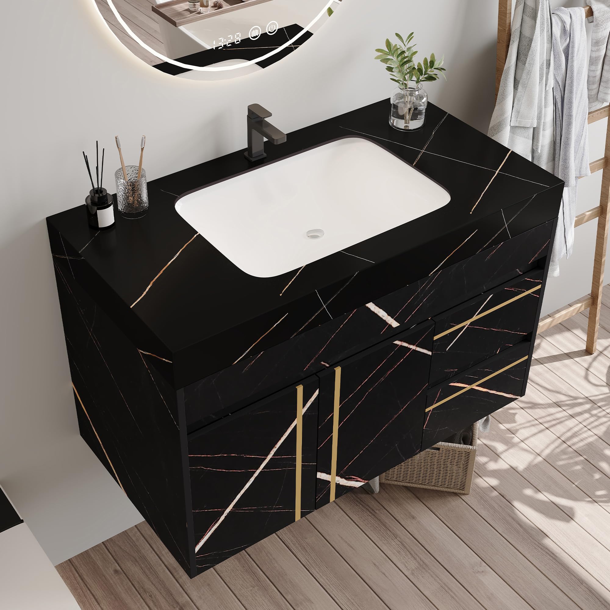 Glintee 36" Modern Bathroom Vanity with Ceramic Sink – Sintered Stone Top, 4 Soft-Close Drawers, Sturdy Solid Wood Cabinet, Wall-Mounted or Freestanding, Easy Assembly, Black & White