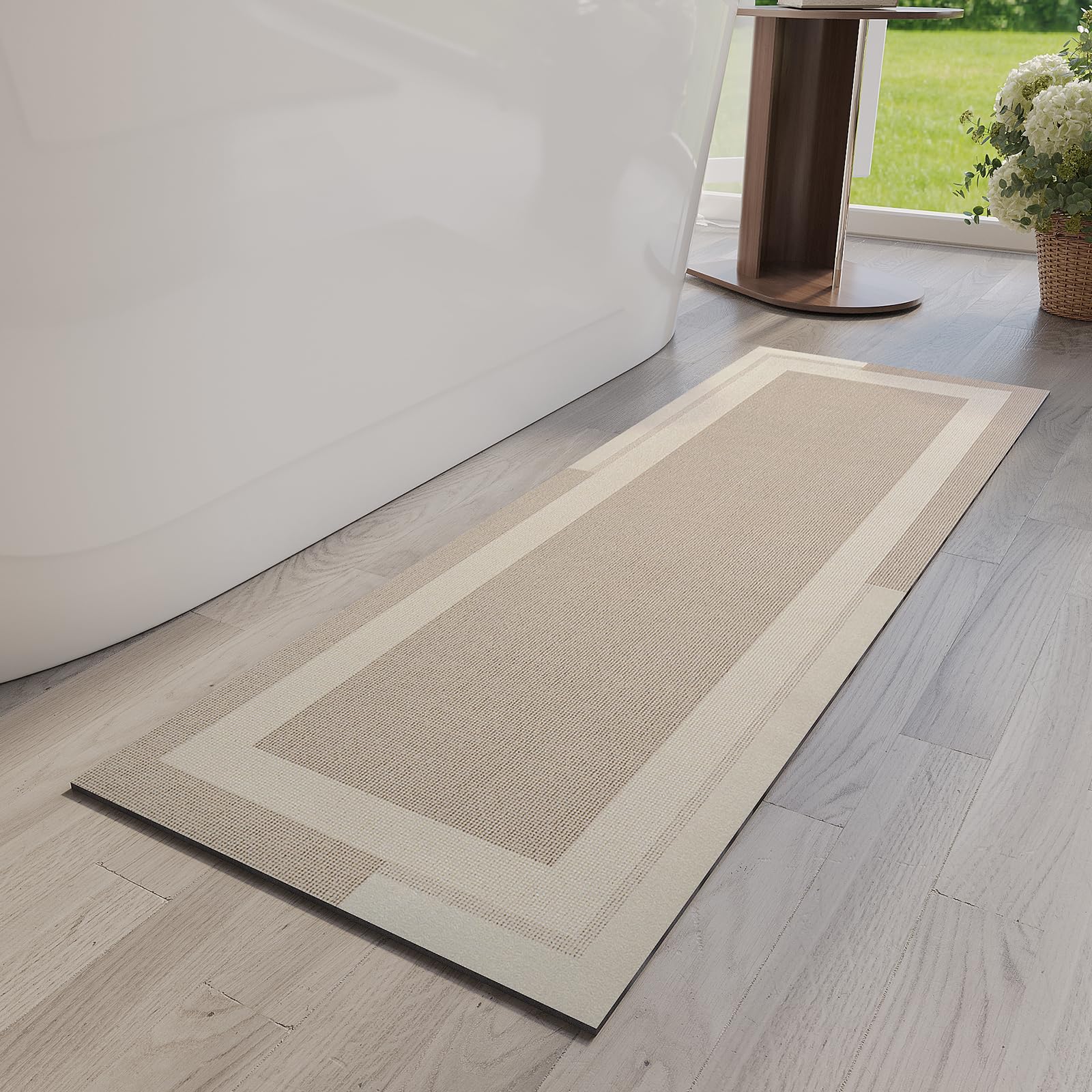YDKGL Non Slip Bath Mat, Rubber Backing Ultra Thin Bathroom Rugs Fit Under Door Quick Dry Super Absorbent Washable Bath Rug Shower Mat for Bathroom Floor Bathtub Shower Sink, Easy Care Beige 16"x 24"