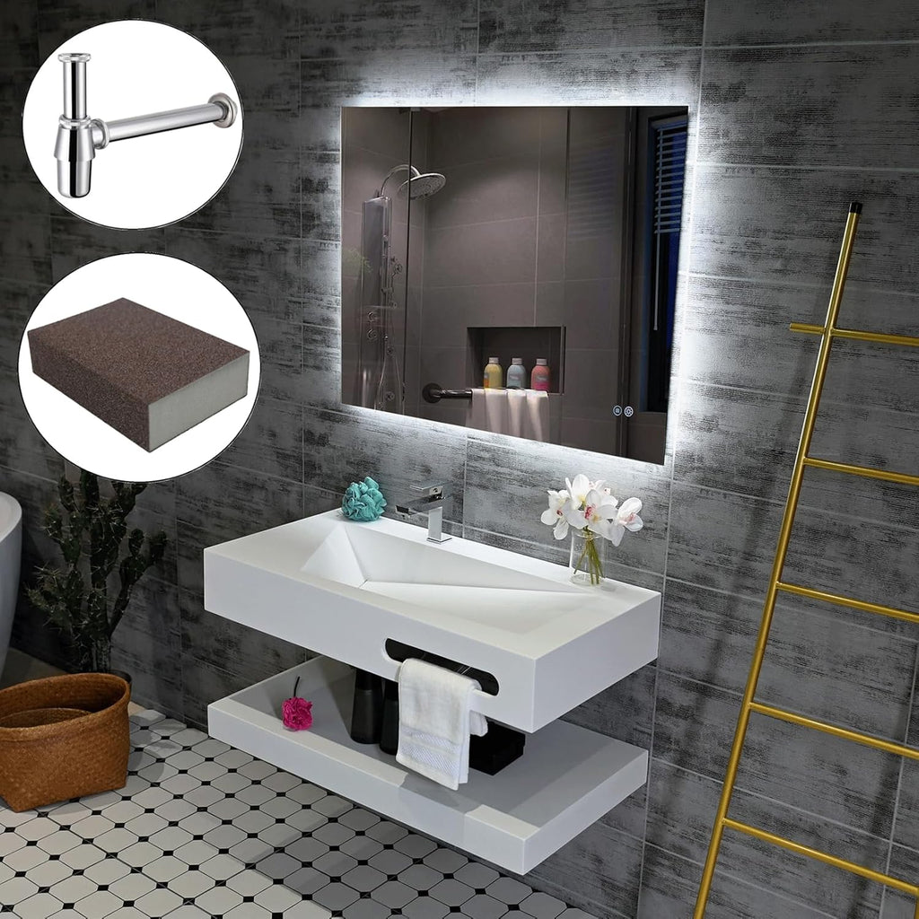 Gesipor 36"x19" Wall Mount Bathroom Vanity with Sink Stone Resin Floating Vanity Sink Rectangular Vessel Sinks for Bathroom White Trough with Shelf Layer (Mirror Not Included)