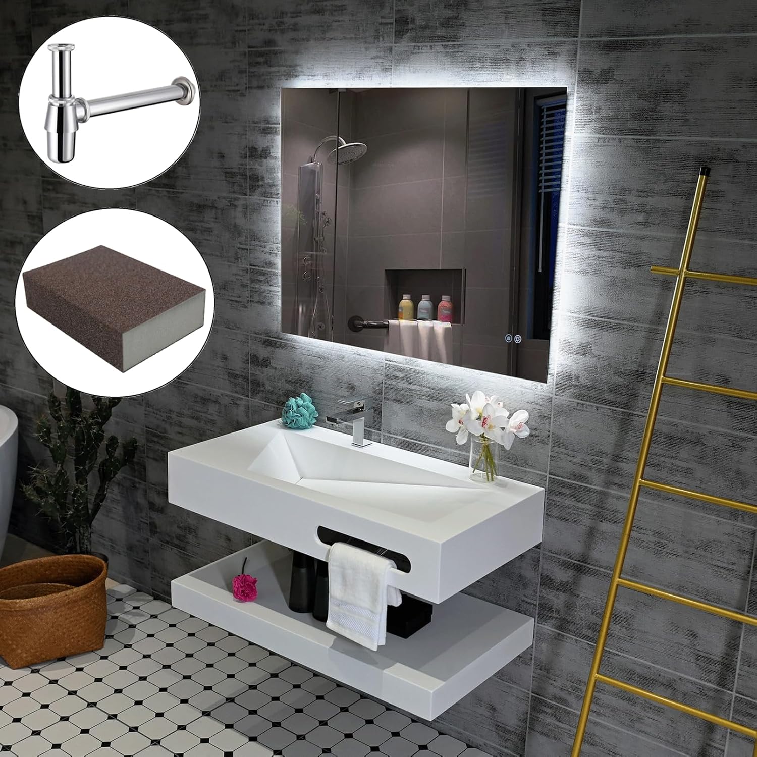 Gesipor 36"x19" Wall Mount Bathroom Vanity with Sink Stone Resin Floating Vanity Sink Rectangular Vessel Sinks for Bathroom White Trough with Shelf Layer (Mirror Not Included)