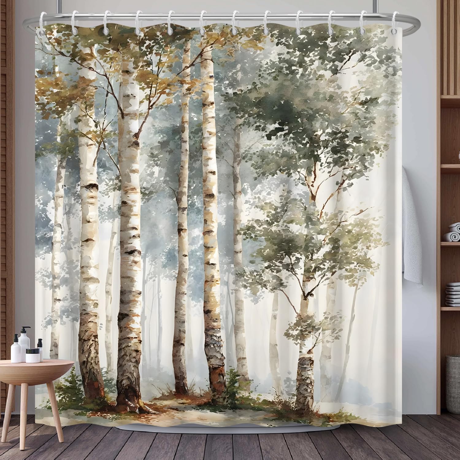Mountain Landscape Shower Curtain with Hooks, Zen Inspired Design with Birds & Scenic Path, Waterproof Fabric Bath Curtain for Nature Lovers Bathroom Decor, 71x74 Inch