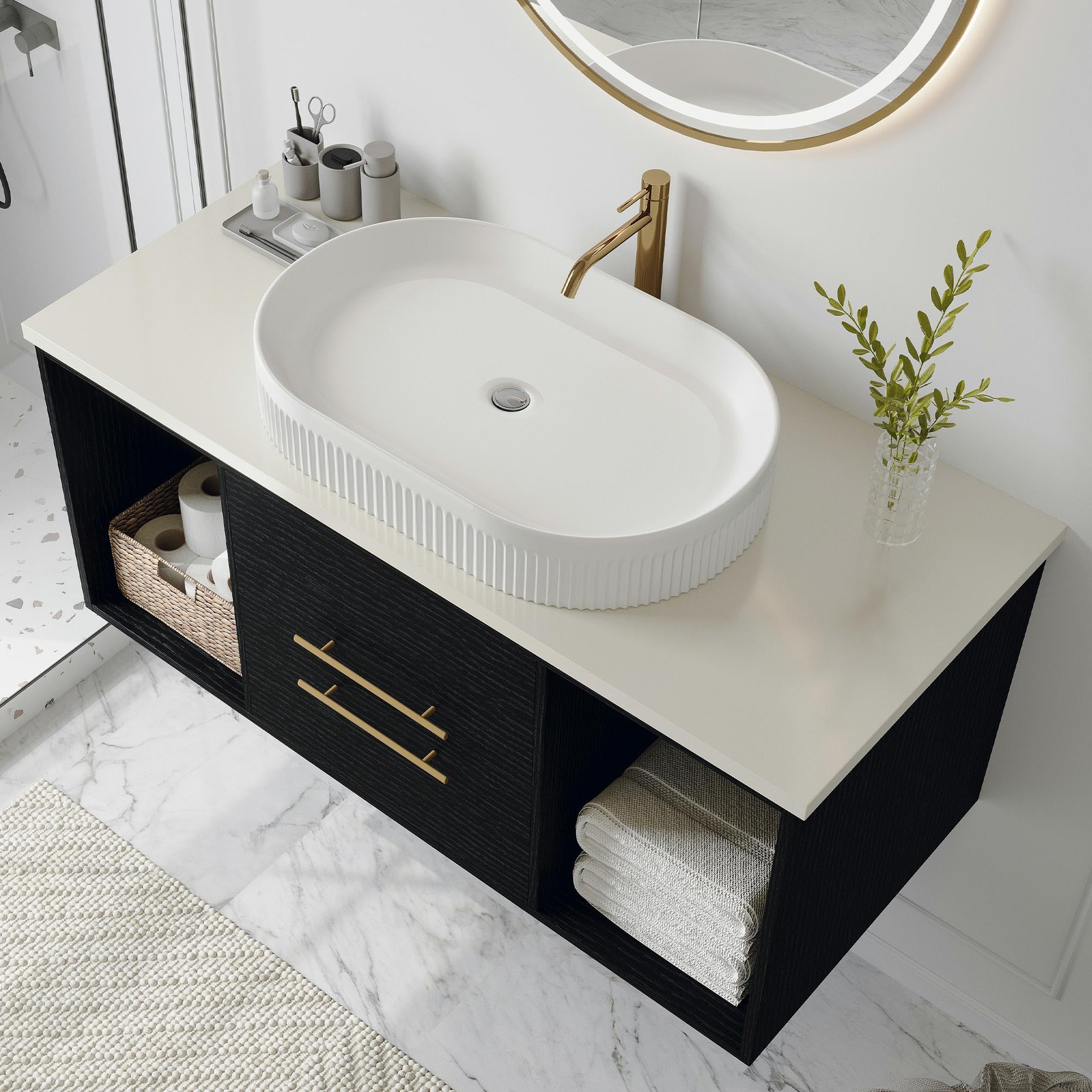 Glintee 36" Modern Bathroom Vanity with Ceramic Sink – Sintered Stone Top, 4 Soft-Close Drawers, Sturdy Solid Wood Cabinet, Wall-Mounted or Freestanding, Easy Assembly, Black & White