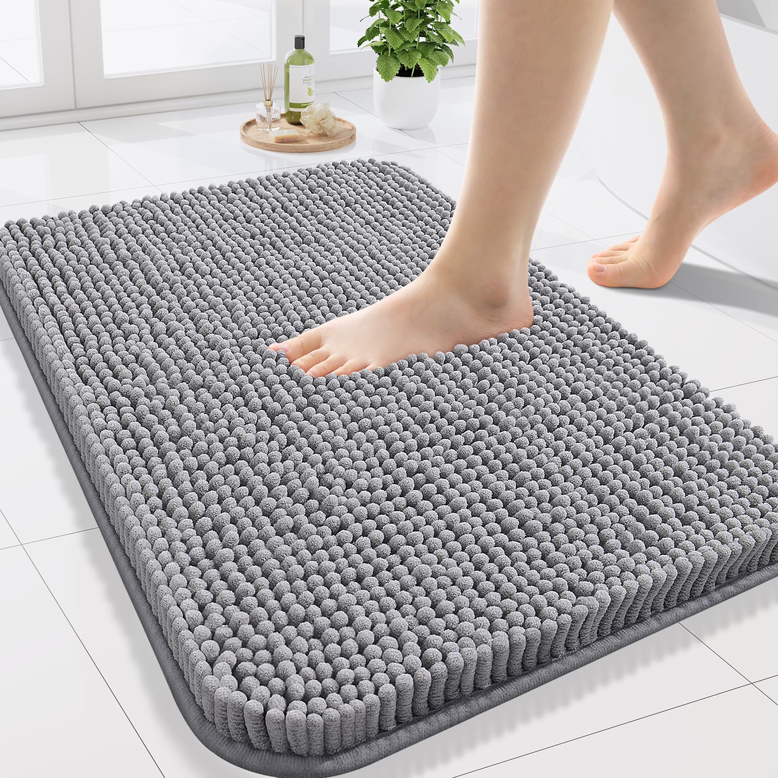 Arotive Bathroom Rugs 30x20, Extra Soft Absorbent Shaggy Chenille Bath Rugs, Machine Washable Rubber Backing Non-Slip Bath Mats for Bathroom Floor Tub and Shower, Home Decor Accessories, Grey