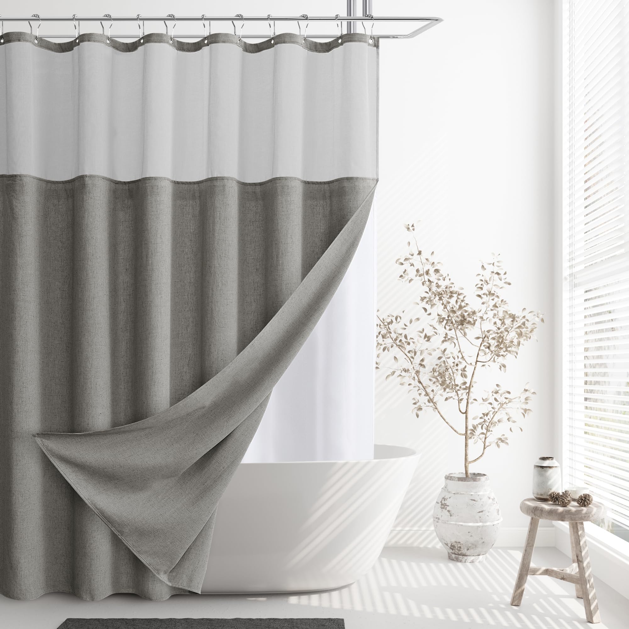 Naturoom Natural Linen Shower Curtain, Country Boho Farmhouse Bath Decor Beige Shower Curtains for Bathroom Neutral Cloth Weighted Textured Fabric Bath Curtain Liner with Hooks, Cream, 72 Inch