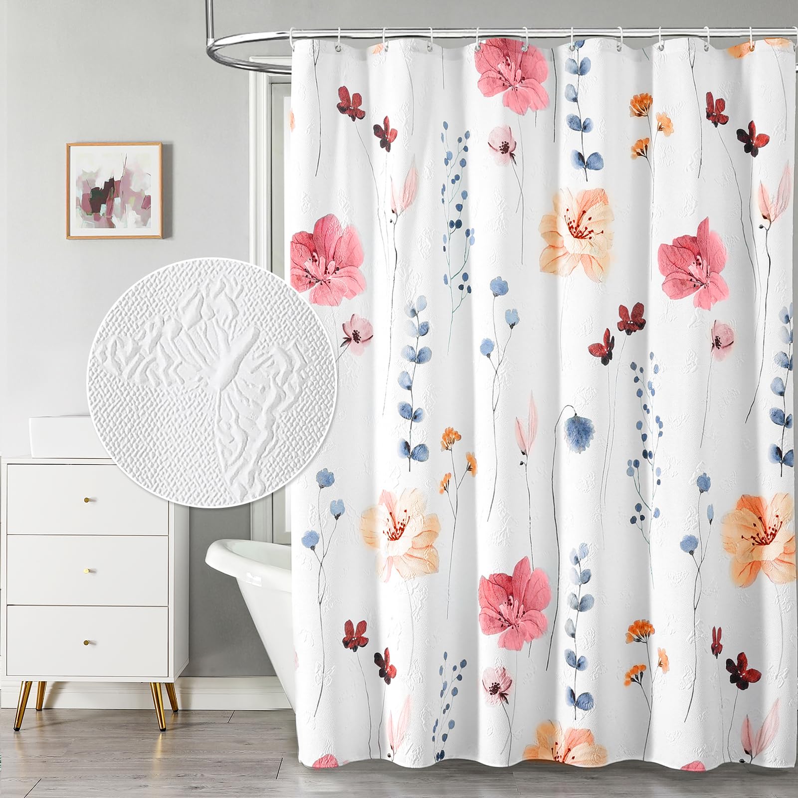 QiyI Watercolor Floral Shower Curtain, 3D Embossed Butterflies Grey Beige Flower Bathroom Curtains, Minimalist White Cloth Bath Curtain, Waterproof Fabric Textured Shower Curtain Set with Hooks, 72x72
