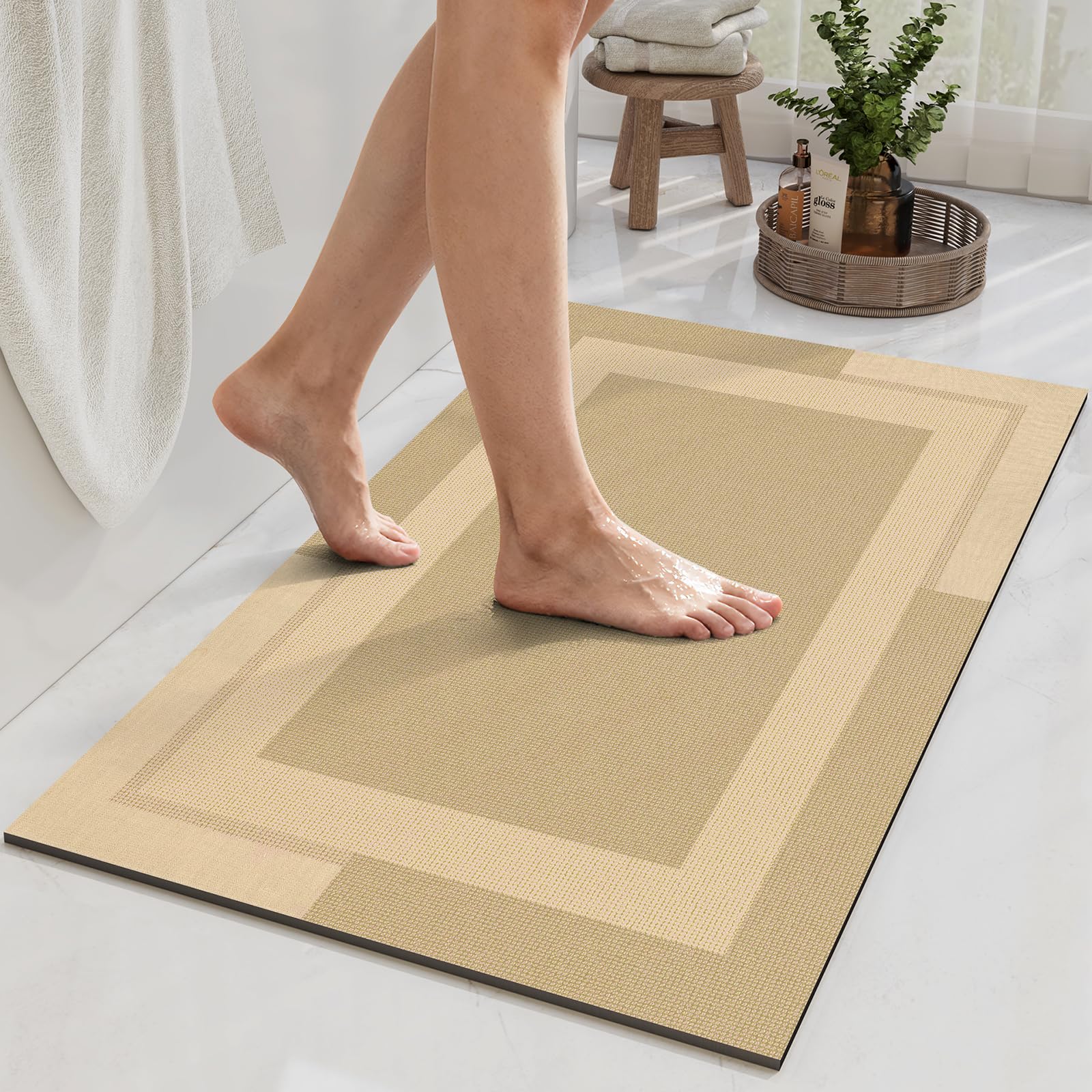 YDKGL Non Slip Bath Mat, Rubber Backing Ultra Thin Bathroom Rugs Fit Under Door Quick Dry Super Absorbent Washable Bath Rug Shower Mat for Bathroom Floor Bathtub Shower Sink, Easy Care Beige 16"x 24"