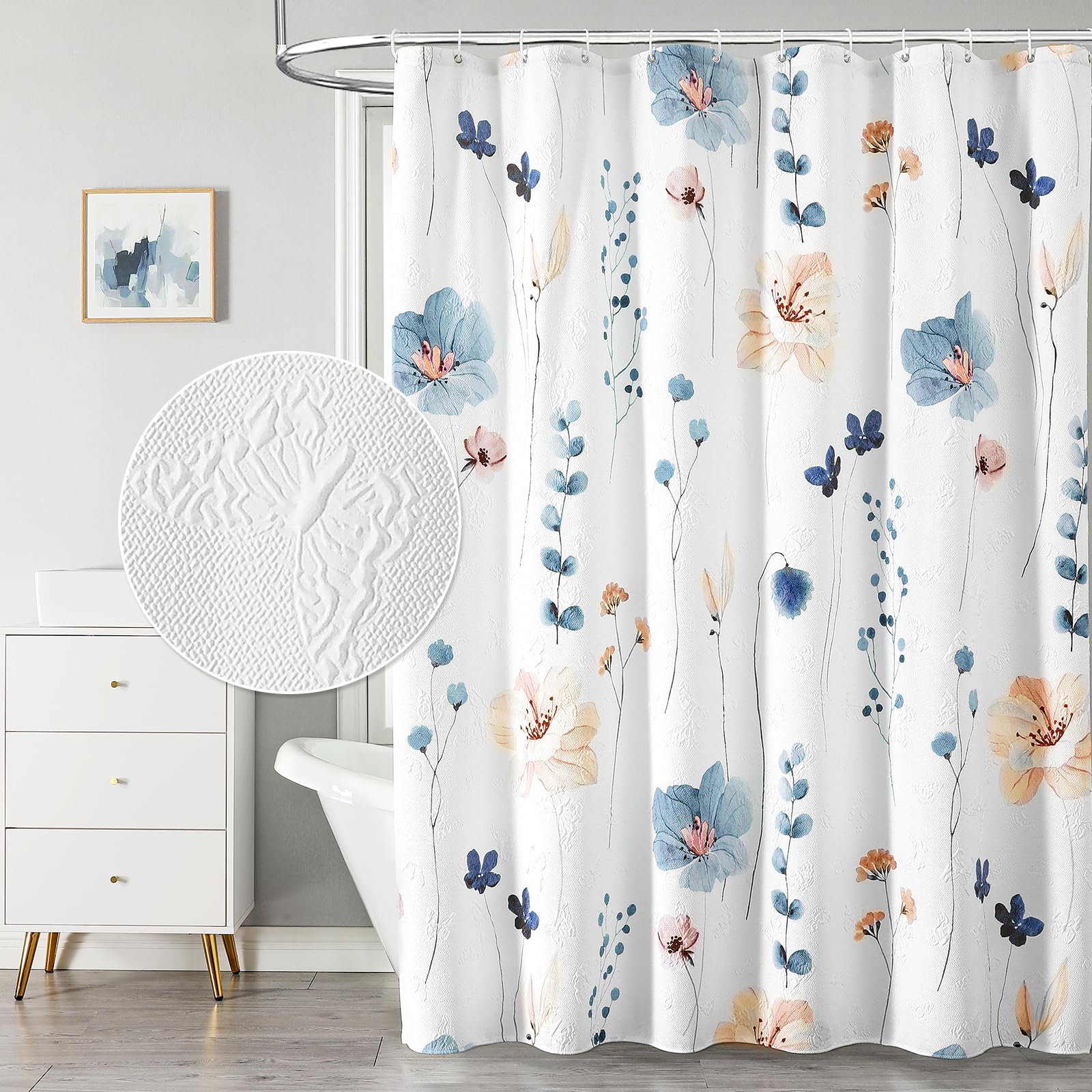 QiyI Watercolor Floral Shower Curtain, 3D Embossed Butterflies Grey Beige Flower Bathroom Curtains, Minimalist White Cloth Bath Curtain, Waterproof Fabric Textured Shower Curtain Set with Hooks, 72x72